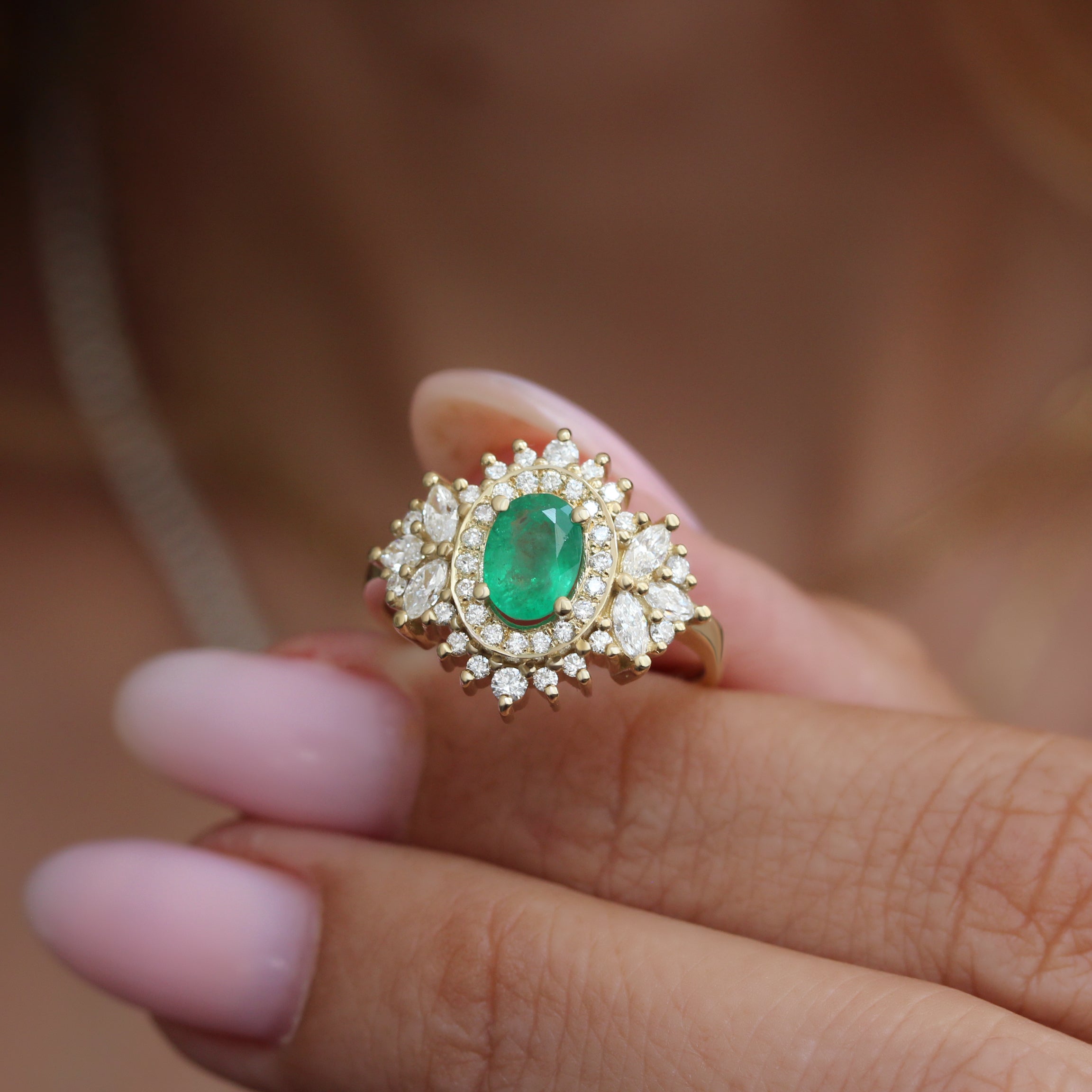 Oval Emerald Double Halo Diamond Unique Engagement Ring with Diamond Dust Ring Guard Enhancer - "Monaco"