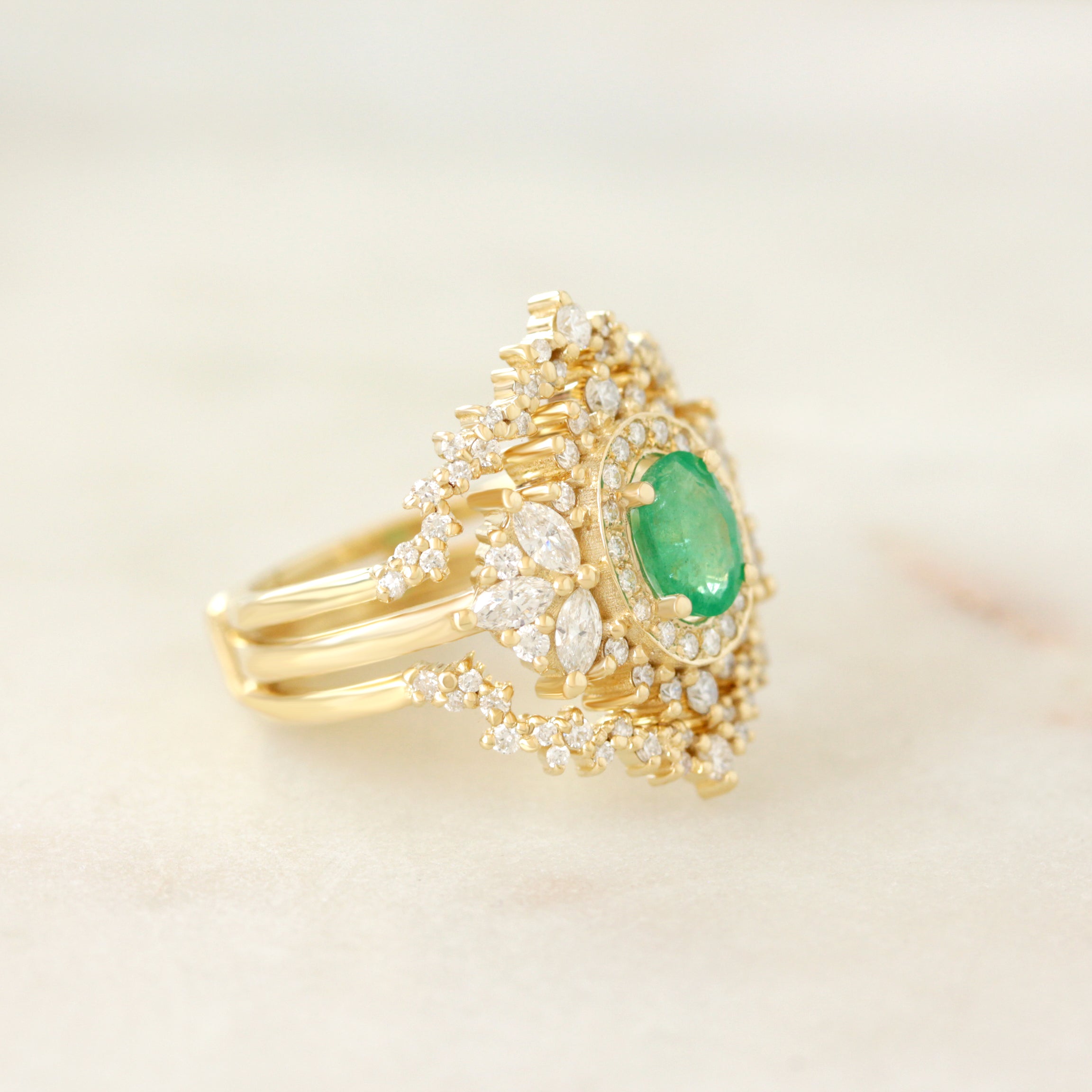 Oval Emerald Double Halo Diamond Unique Engagement Ring with Diamond Dust Ring Guard Enhancer - "Monaco"