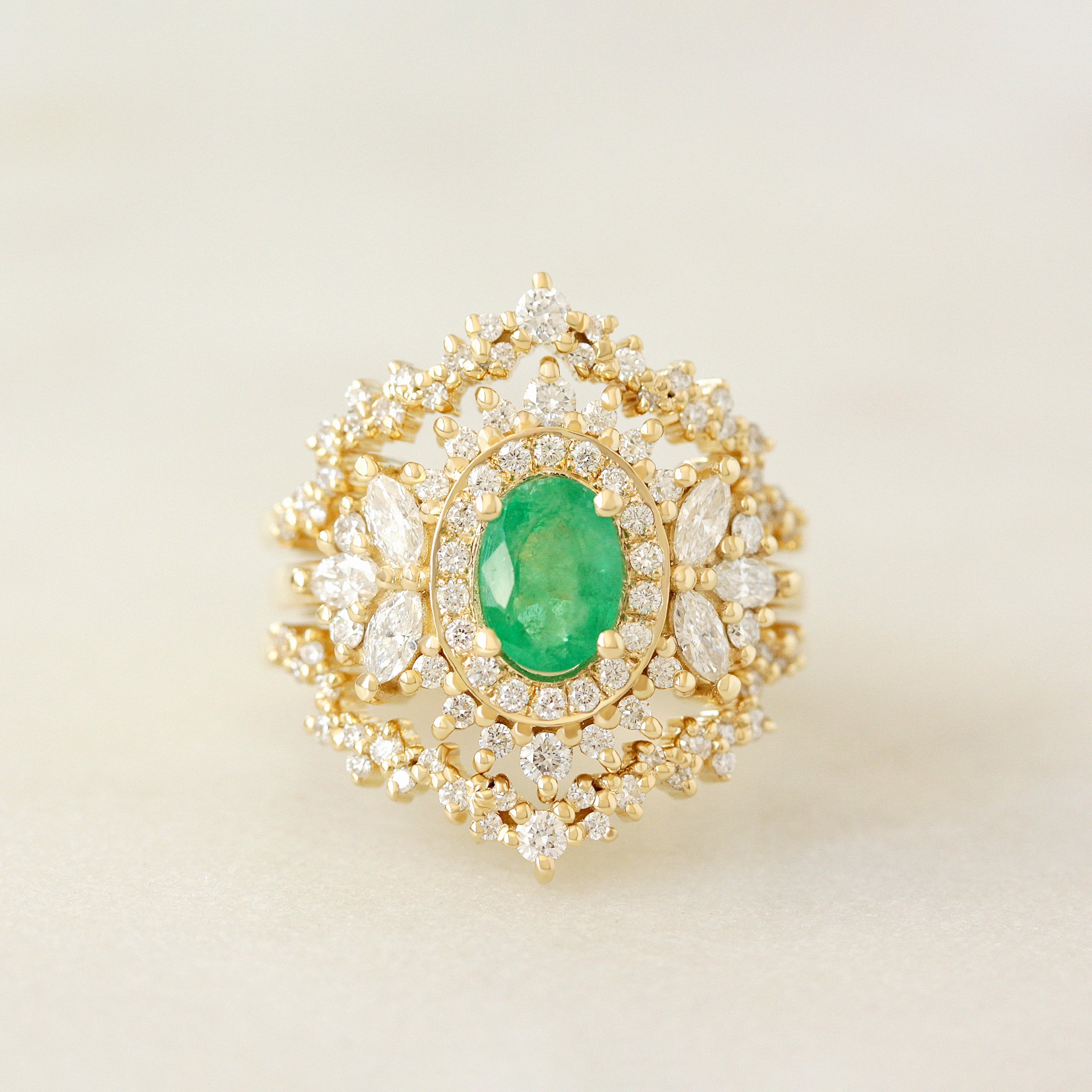 Oval Emerald Double Halo Diamond Unique Engagement Ring with Diamond Dust Ring Guard Enhancer - "Monaco"