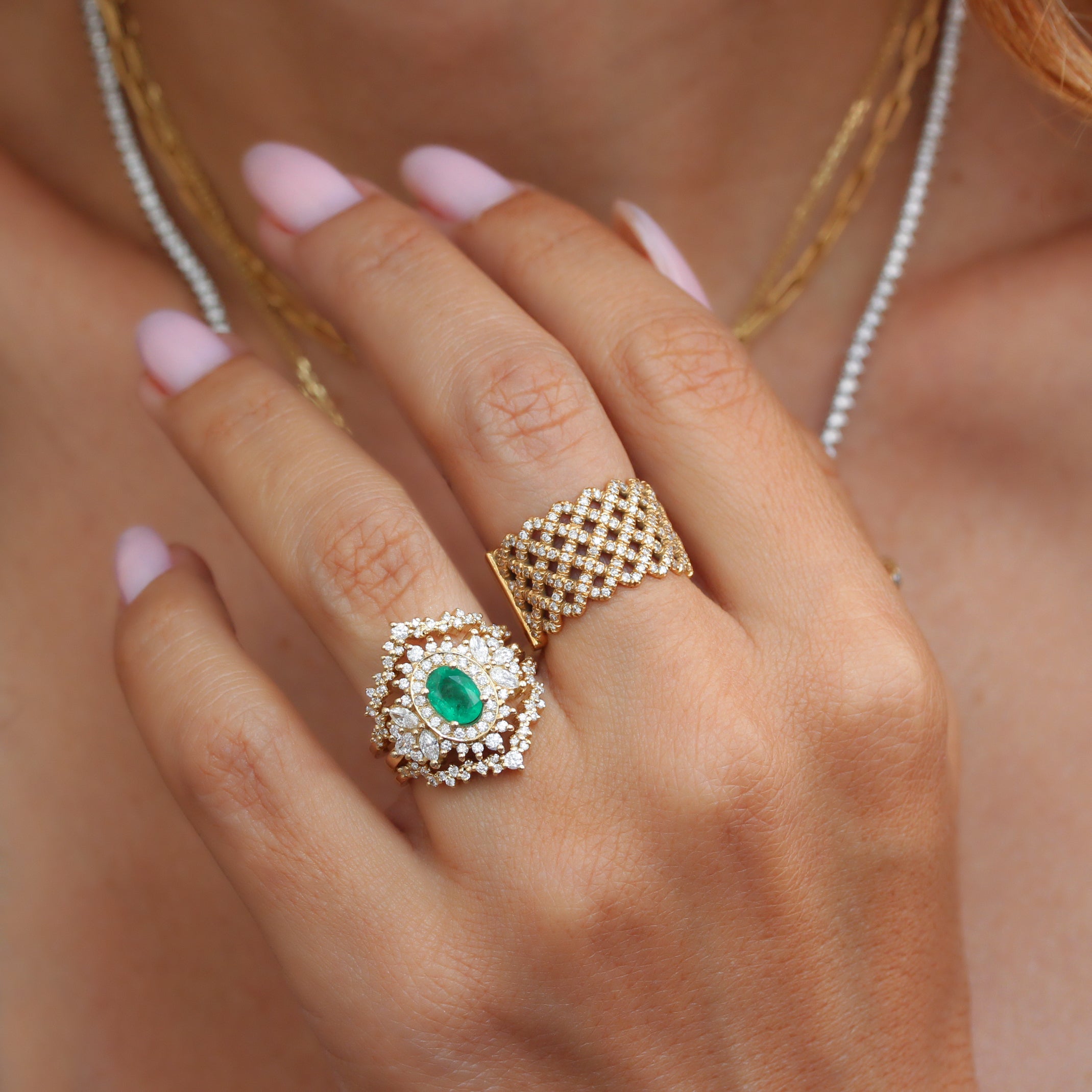 Oval Emerald Double Halo Diamond Unique Engagement Ring with Diamond Dust Ring Guard Enhancer - "Monaco"