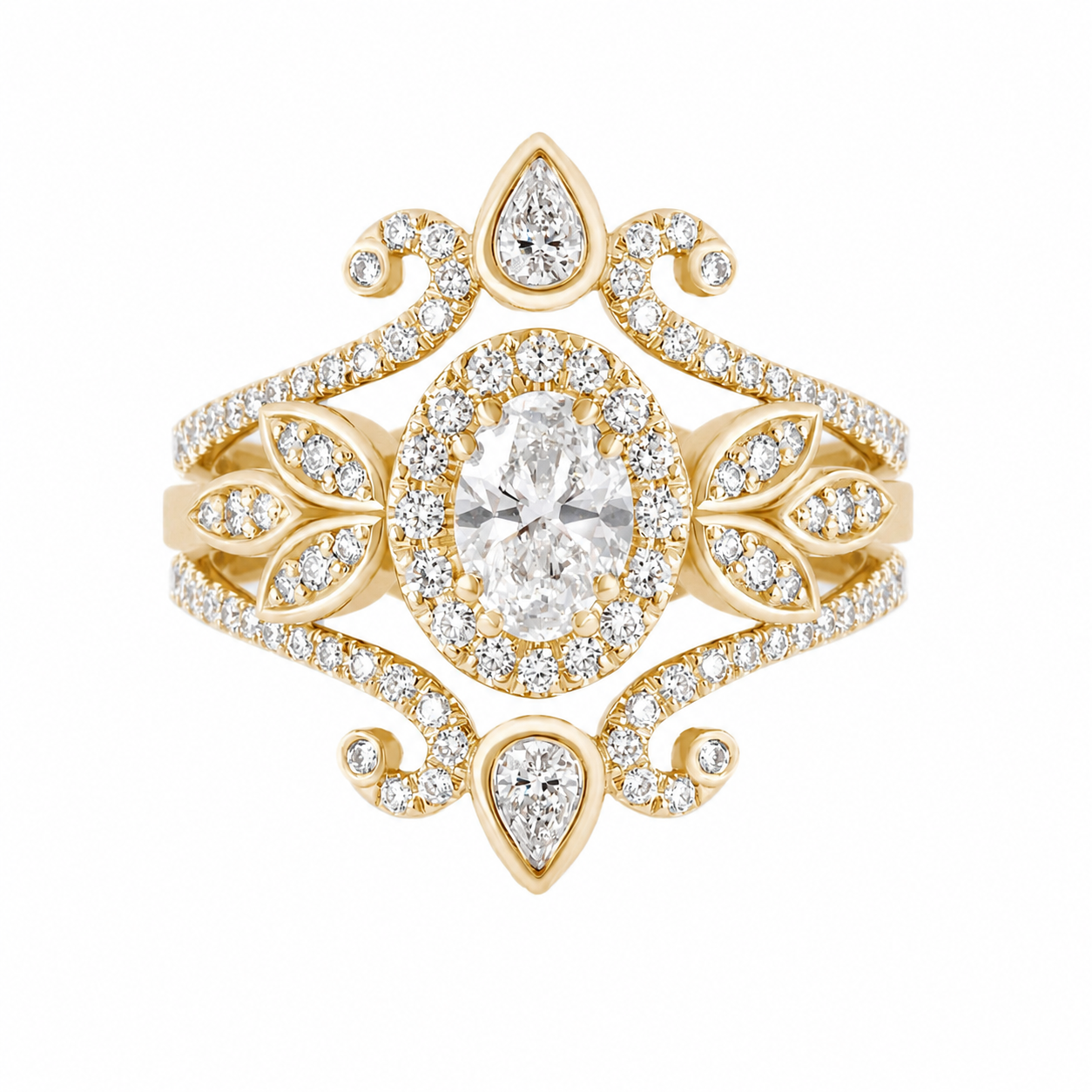 0.50ct oval diamond engagement ring set minimal lily and two ariana nesting ring ring guard, An ornate yellow gold ring featuring a large oval center stone surrounded by a halo of small clear stones, with symmetrical scroll motifs and teardrop accents, all set against a plain white background.