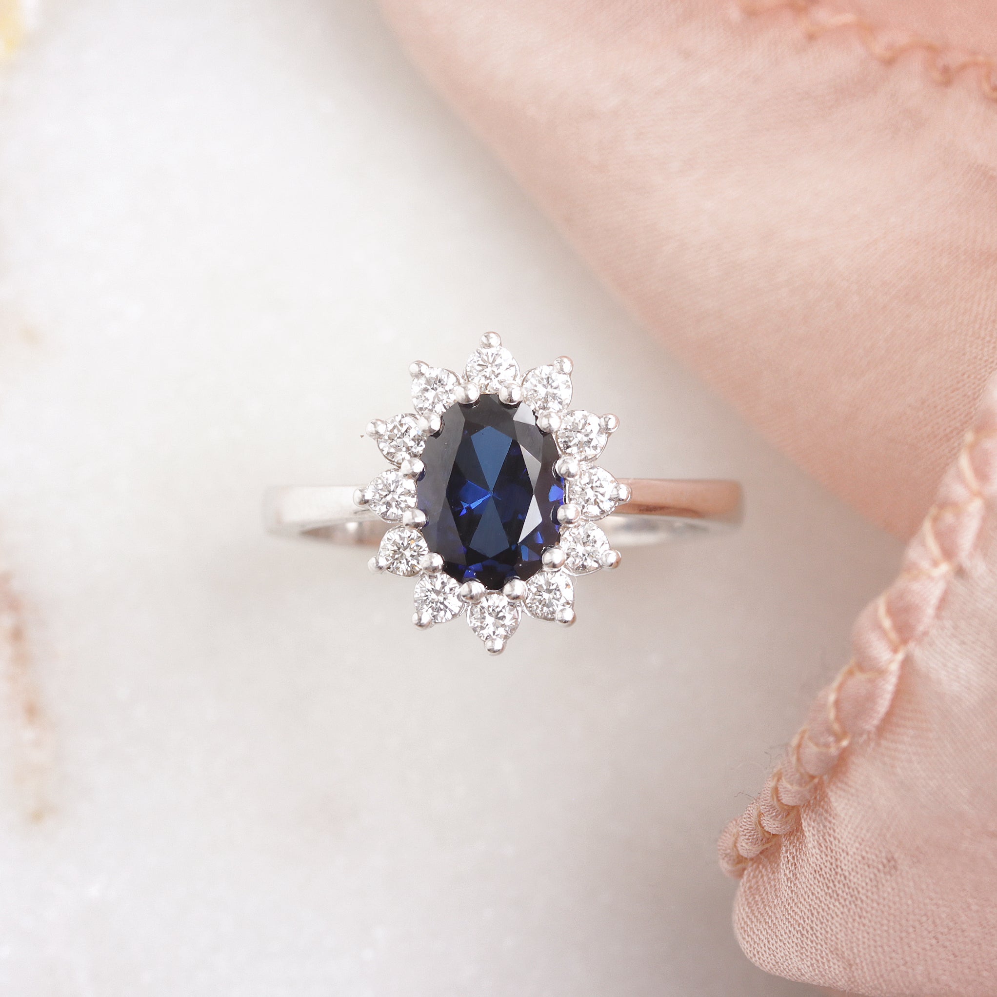 Lab Grown Oval Blue Sapphire & Diamonds Engagement Ring Basic
