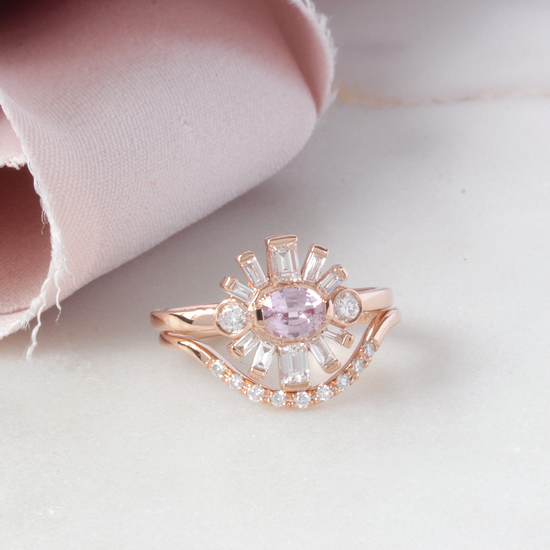 Oval Pink Sapphire & Baguette Diamonds Sun Ring