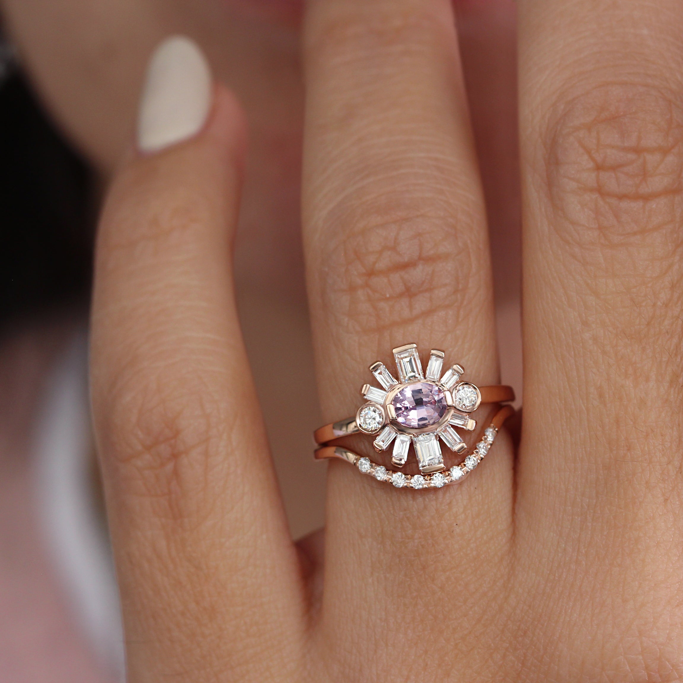 Oval Pink Sapphire & Baguette Diamonds Sun Ring