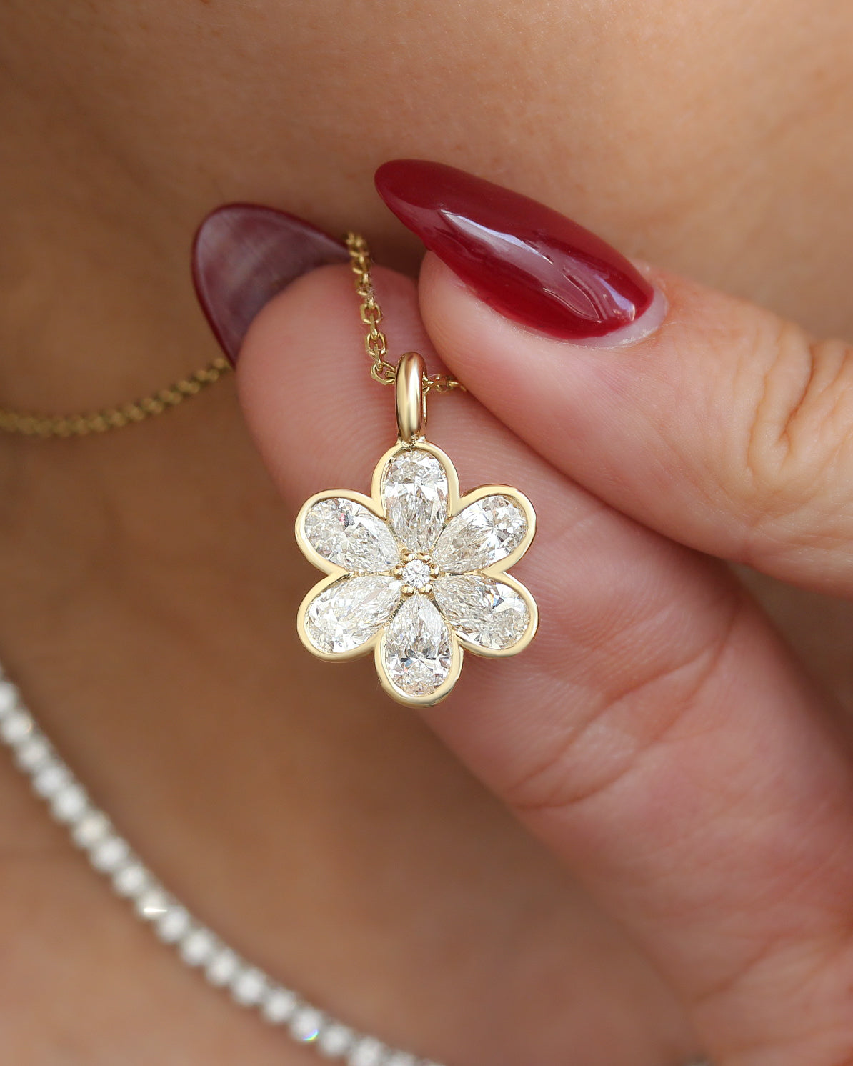 Pear Diamond Invisible Half Bezel Flower Necklace, Lucky Blossom Manifestation Pendant