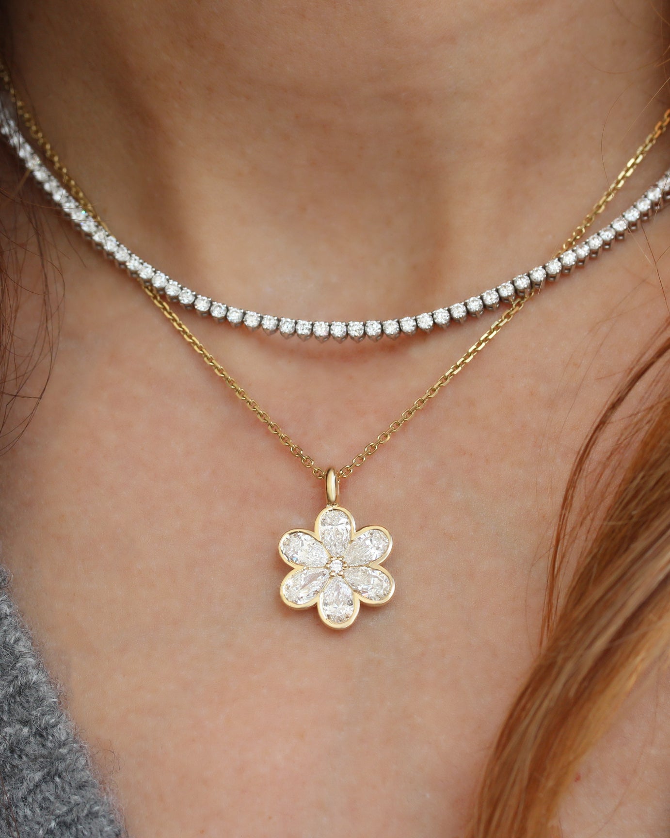 Pear Diamond Invisible Half Bezel Flower Necklace, Lucky Blossom Manifestation Pendant