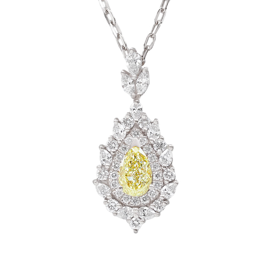 Pear Canary Yellow Diamond Double Halo Pendant Necklace, High Jewelry - Victoria, statement diamond necklace, high jewelry, luxury necklace, pear diamond necklace, yellow diamond, canary diamond