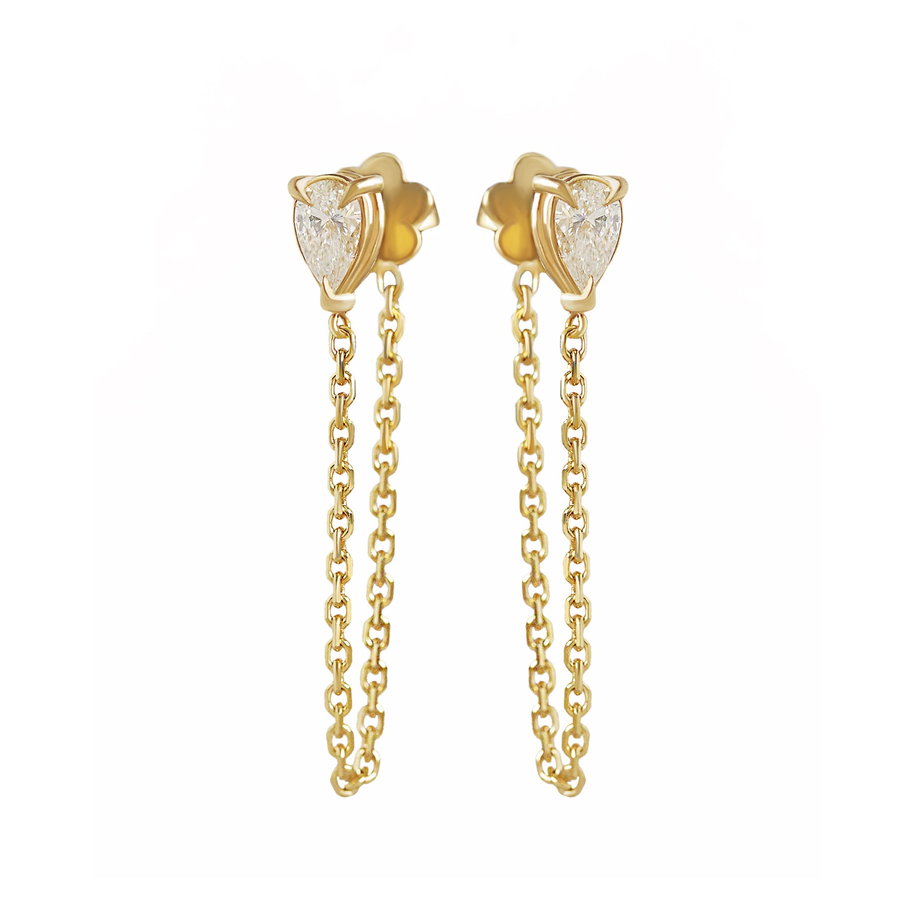 Pear Diamond Chain Drop Earrings, pear diamond earrings, stud earrings, chain drop earrings, everyday earrings