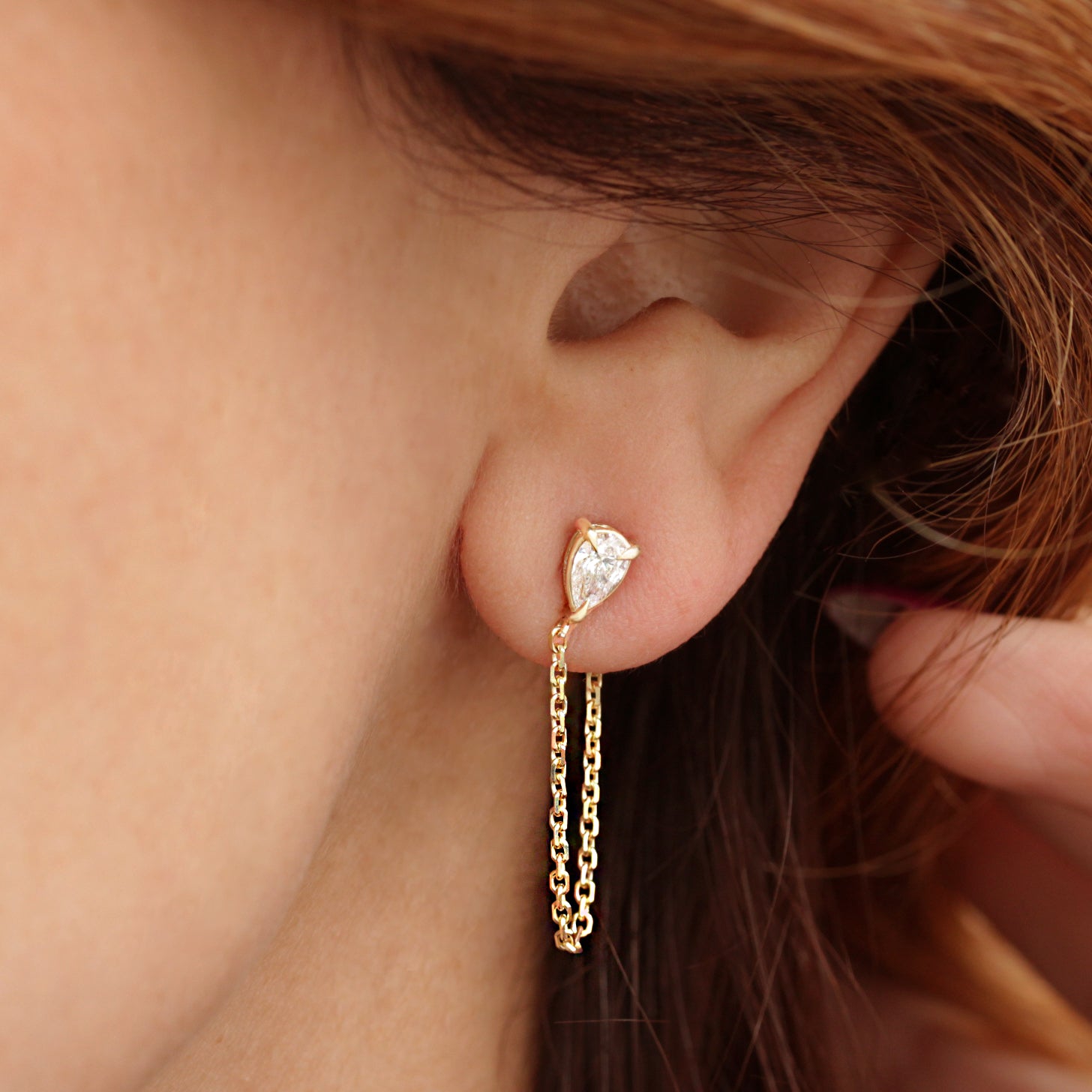 Pear Diamond Chain Drop Earrings, pear diamond earrings, stud earrings, chain drop earrings, everyday earrings