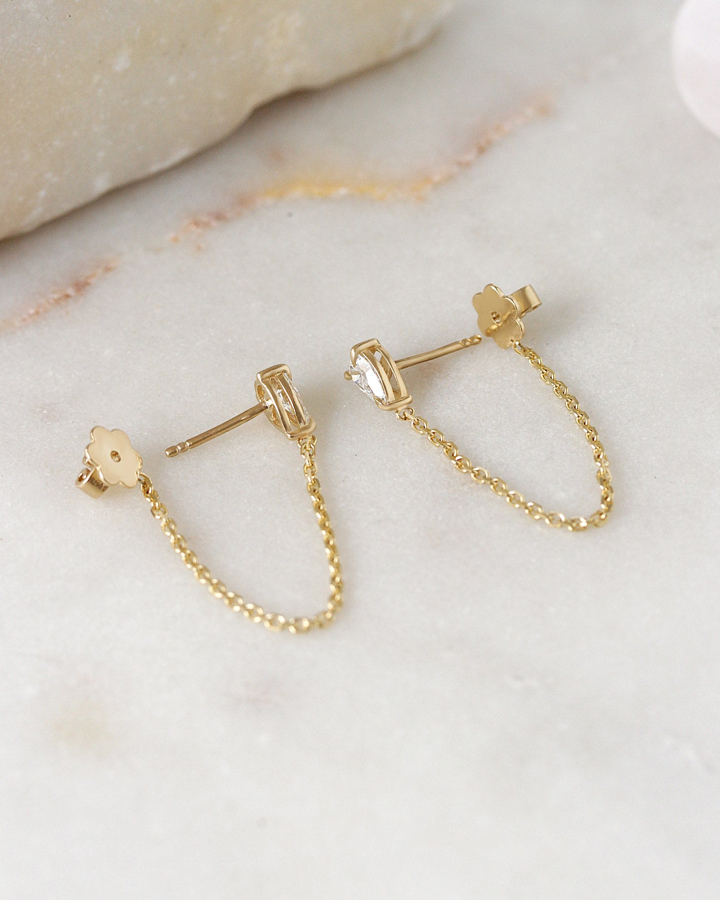 Pear Diamond Chain Drop Earrings, pear diamond earrings, stud earrings, chain drop earrings, everyday earrings