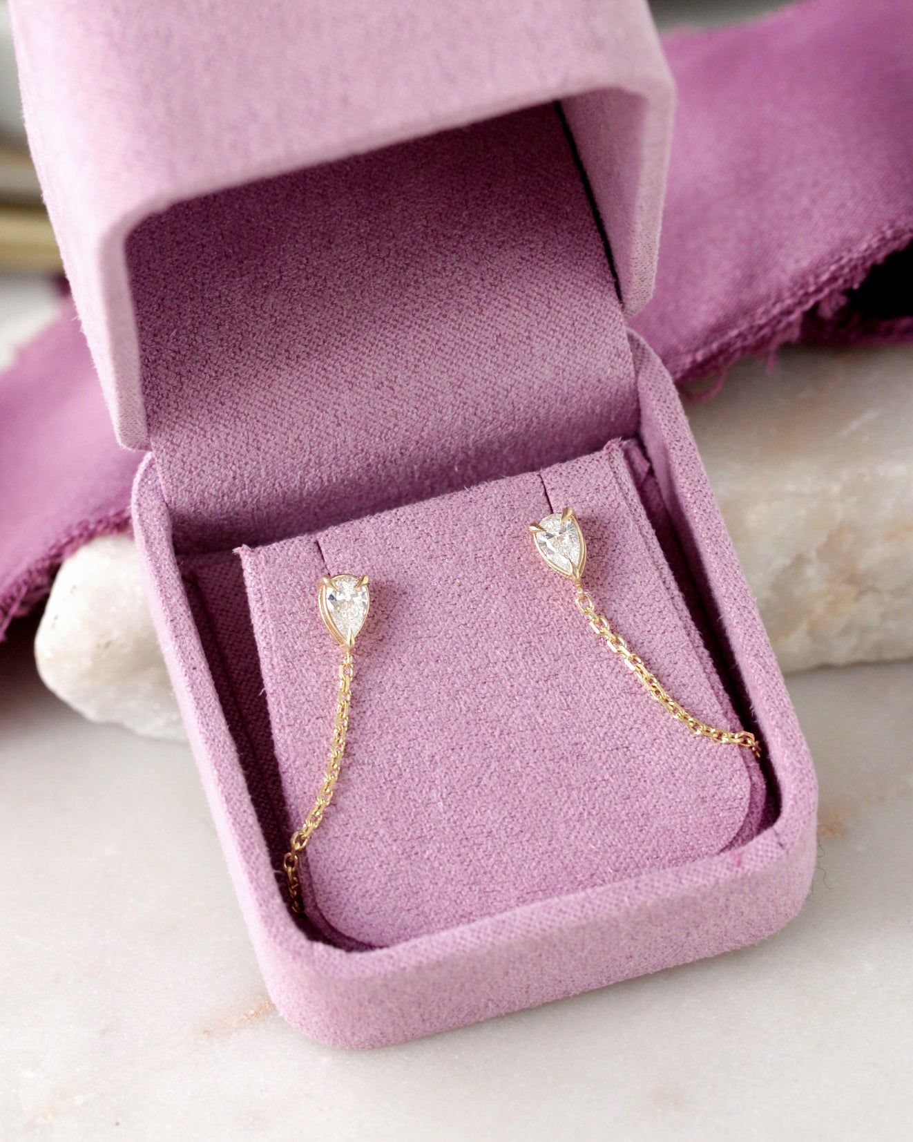 Pear Diamond Chain Drop Earrings, pear diamond earrings, stud earrings, chain drop earrings, everyday earrings