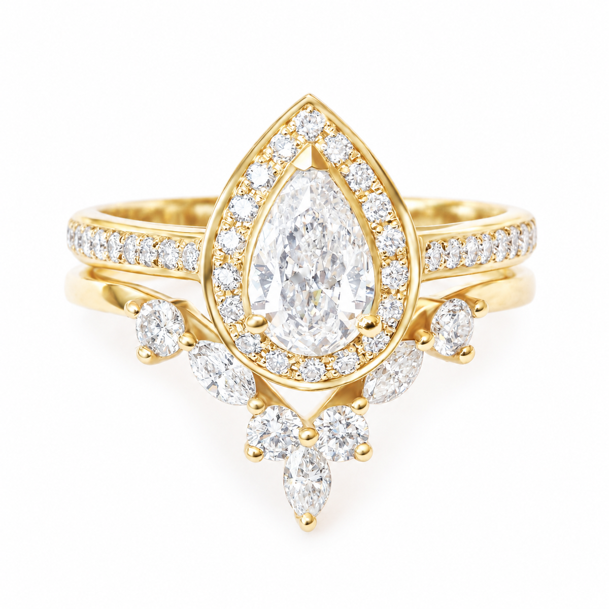 Pear Diamond Ring With One Matching Sideband, Wedding Two Rings Set  "Nia" & "Hermes"