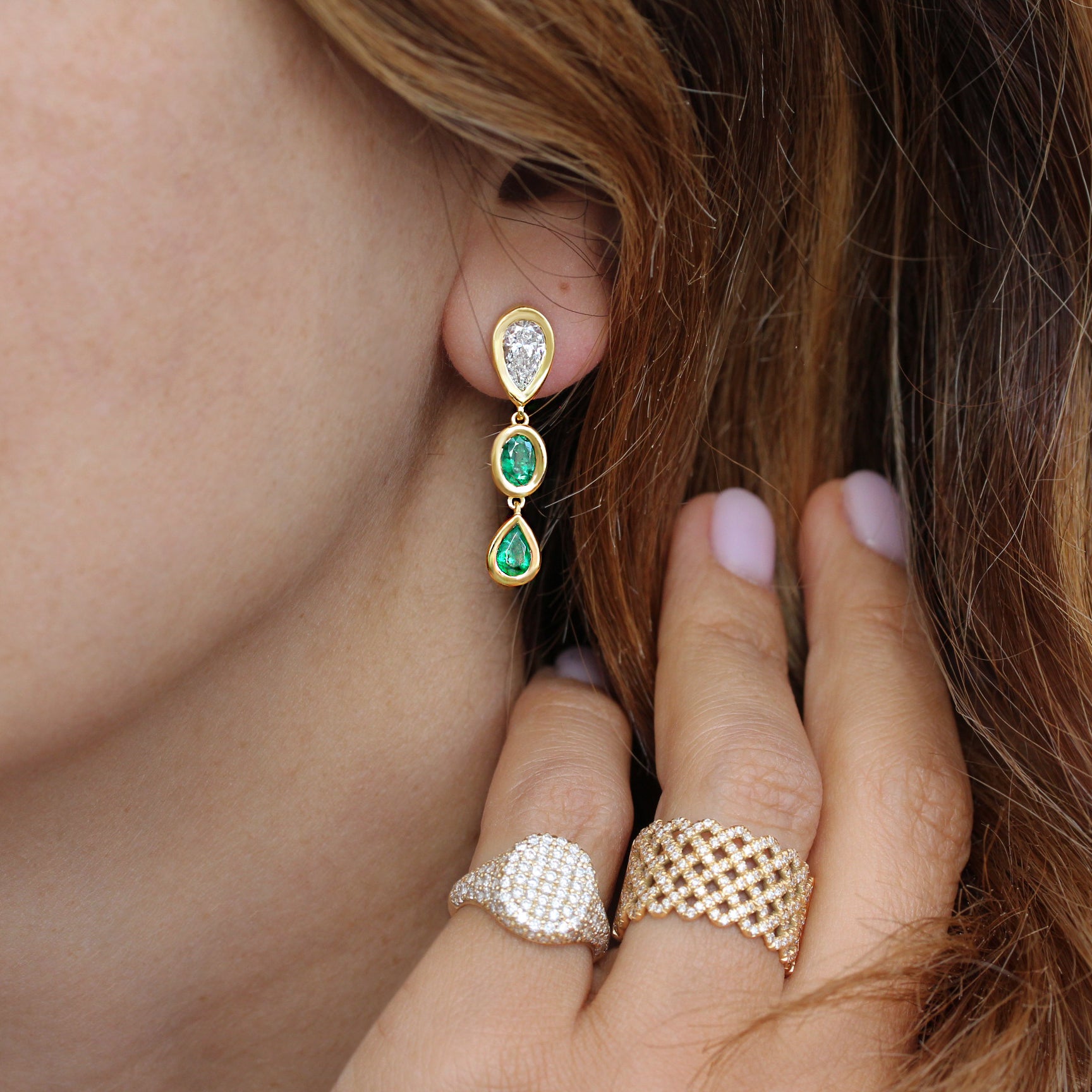 Pear Diamond and Emerald Bezel Set Long Drop Earrings, pear shape , diamond, emerlad, drop earrings, bezel setting