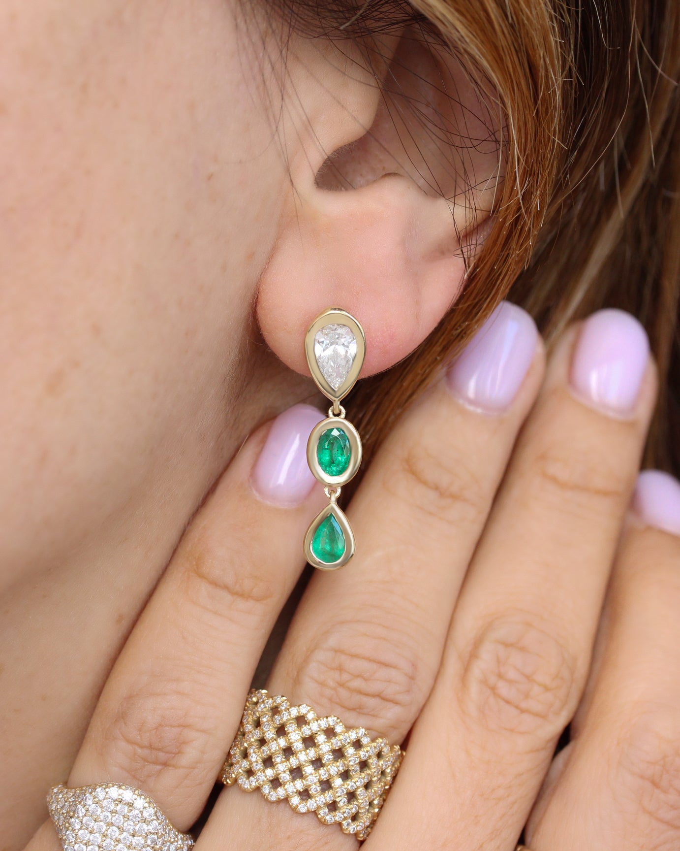 Pear Diamond and Emerald Bezel Set Long Drop Earrings, pear shape , diamond, emerlad, drop earrings, bezel setting