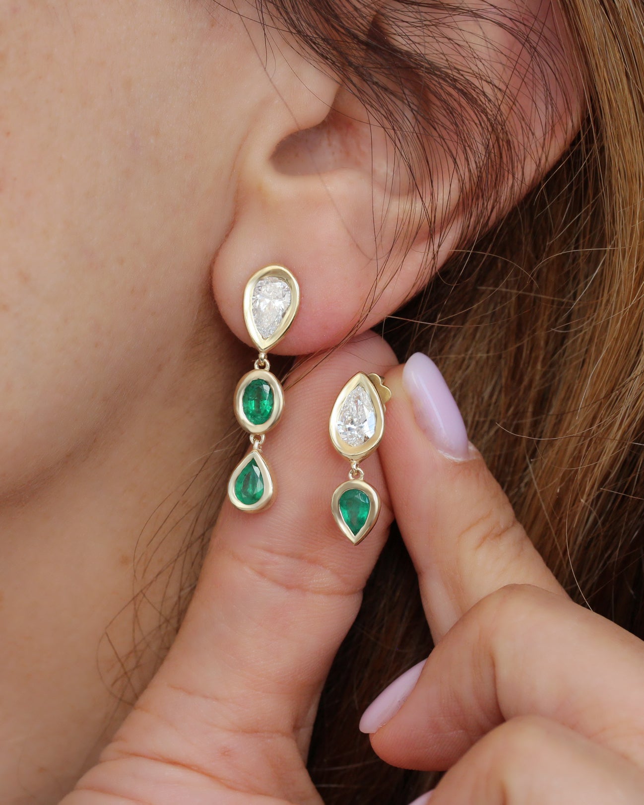 Pear Diamond and Emerald Bezel Set Long Drop Earrings, pear shape , diamond, emerlad, drop earrings, bezel setting