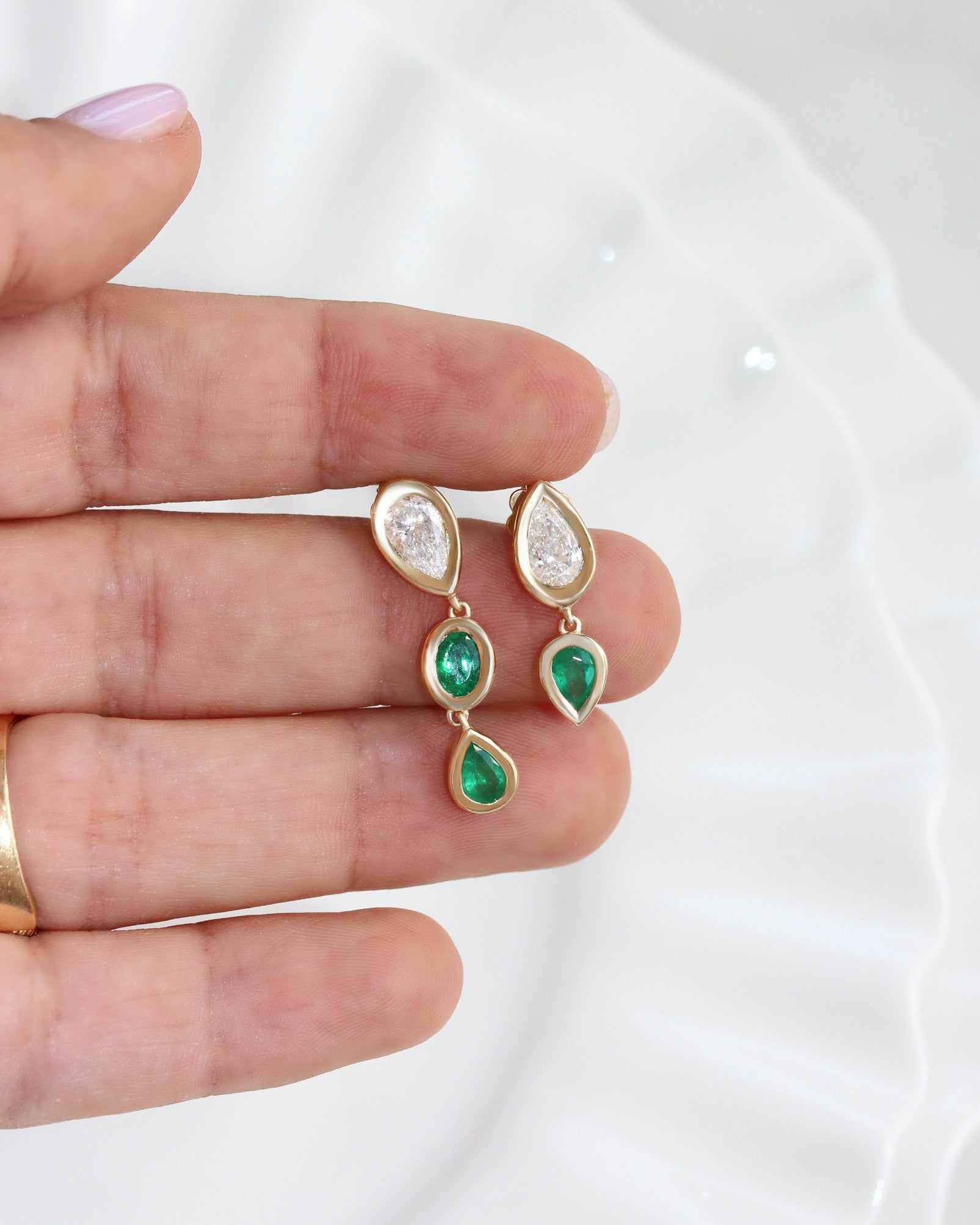 Pear Diamond and Emerald Bezel Set Long Drop Earrings, pear shape , diamond, emerlad, drop earrings, bezel setting