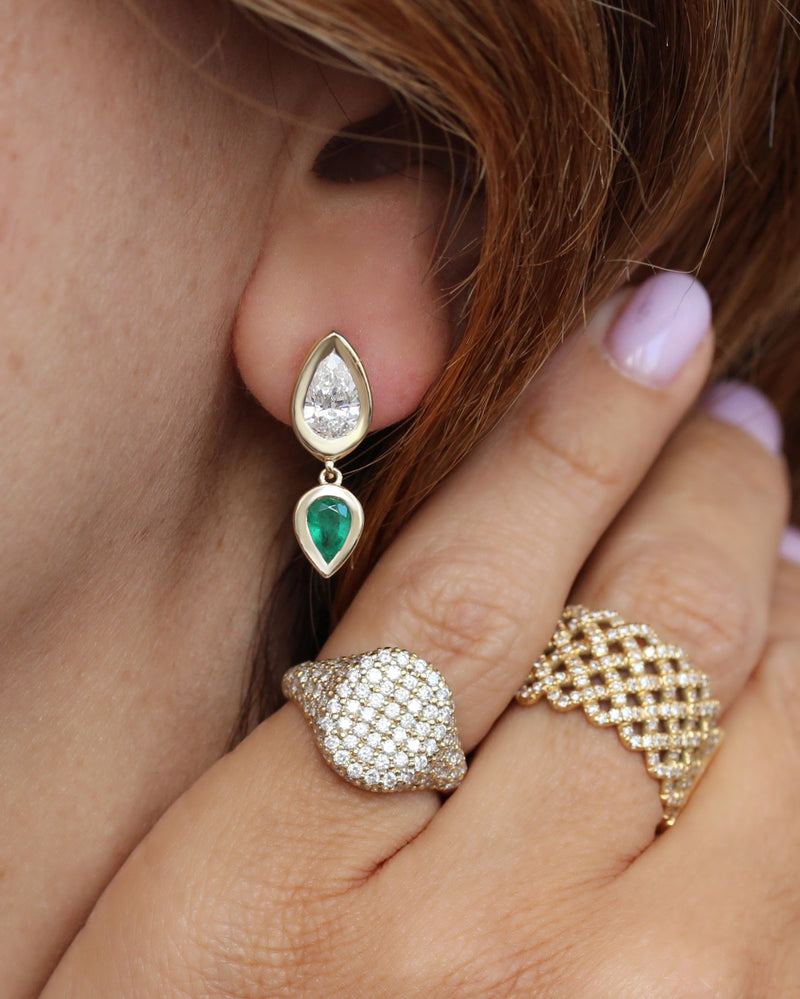 Pear Diamond and Emerald Bezel Set Short Drop Earrings, pear shape , diamond, emerlad, drop earrings, bezel setting