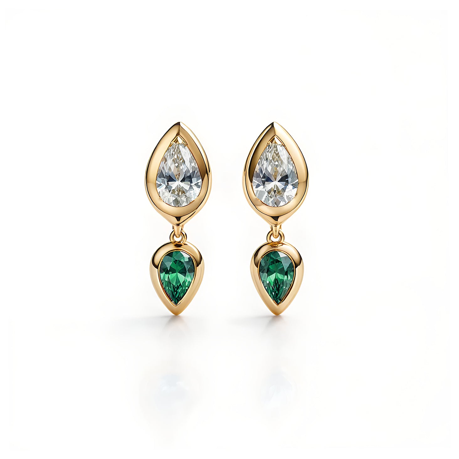 Pear Diamond and Emerald Bezel Set Short Drop Earrings, pear shape , diamond, emerlad, drop earrings, bezel setting