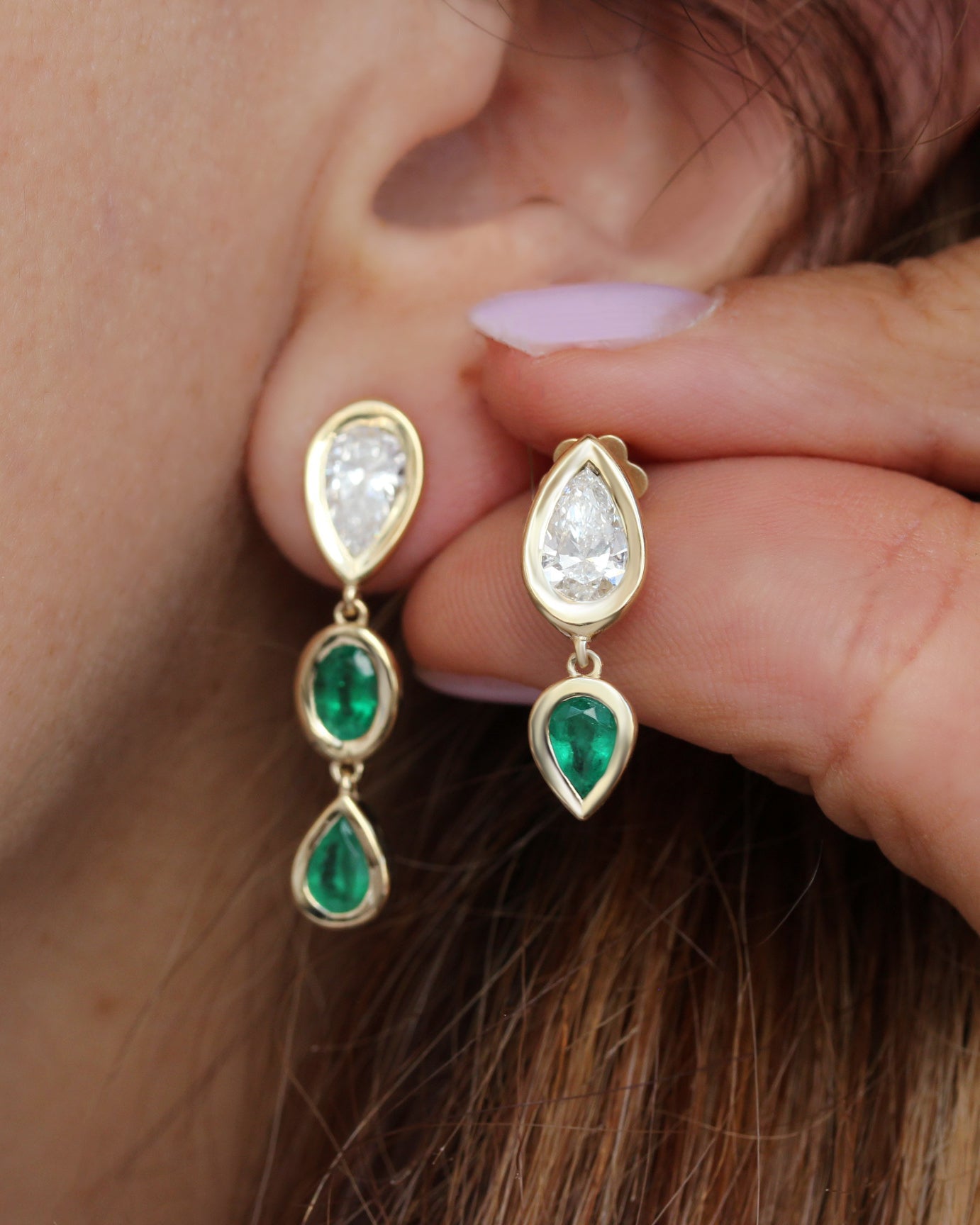 Pear Diamond and Emerald Bezel Set Short Drop Earrings, pear shape , diamond, emerlad, drop earrings, bezel setting