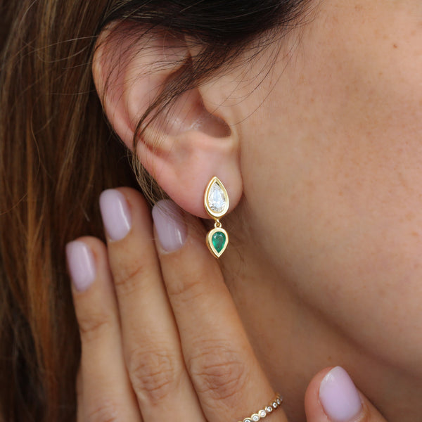 Pear Diamond and Emerald Bezel Set Short Drop Earrings, pear shape , diamond, emerlad, drop earrings, bezel setting