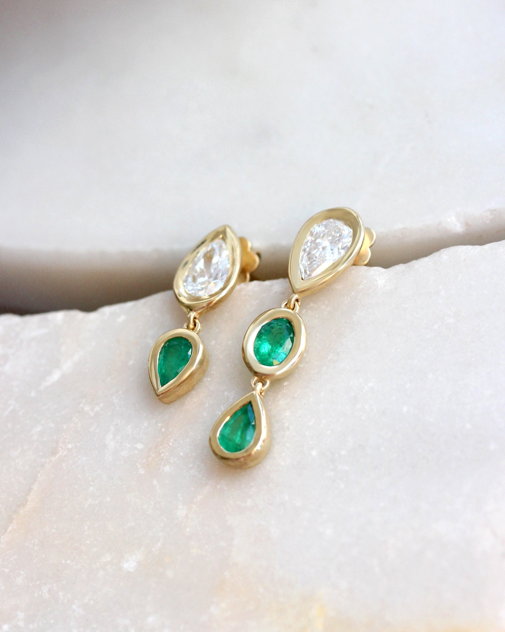 Pear Diamond and Emerald Bezel Set Short Drop Earrings, pear shape , diamond, emerlad, drop earrings, bezel setting