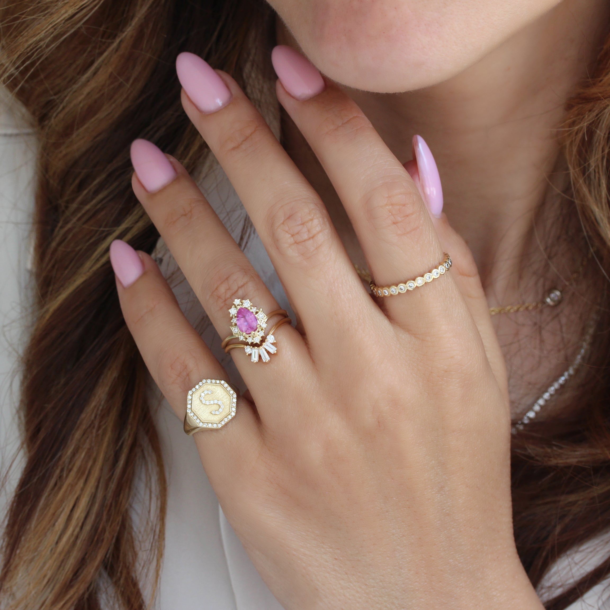 Pear Pink Sapphire Celestial Diamond Halo Ring