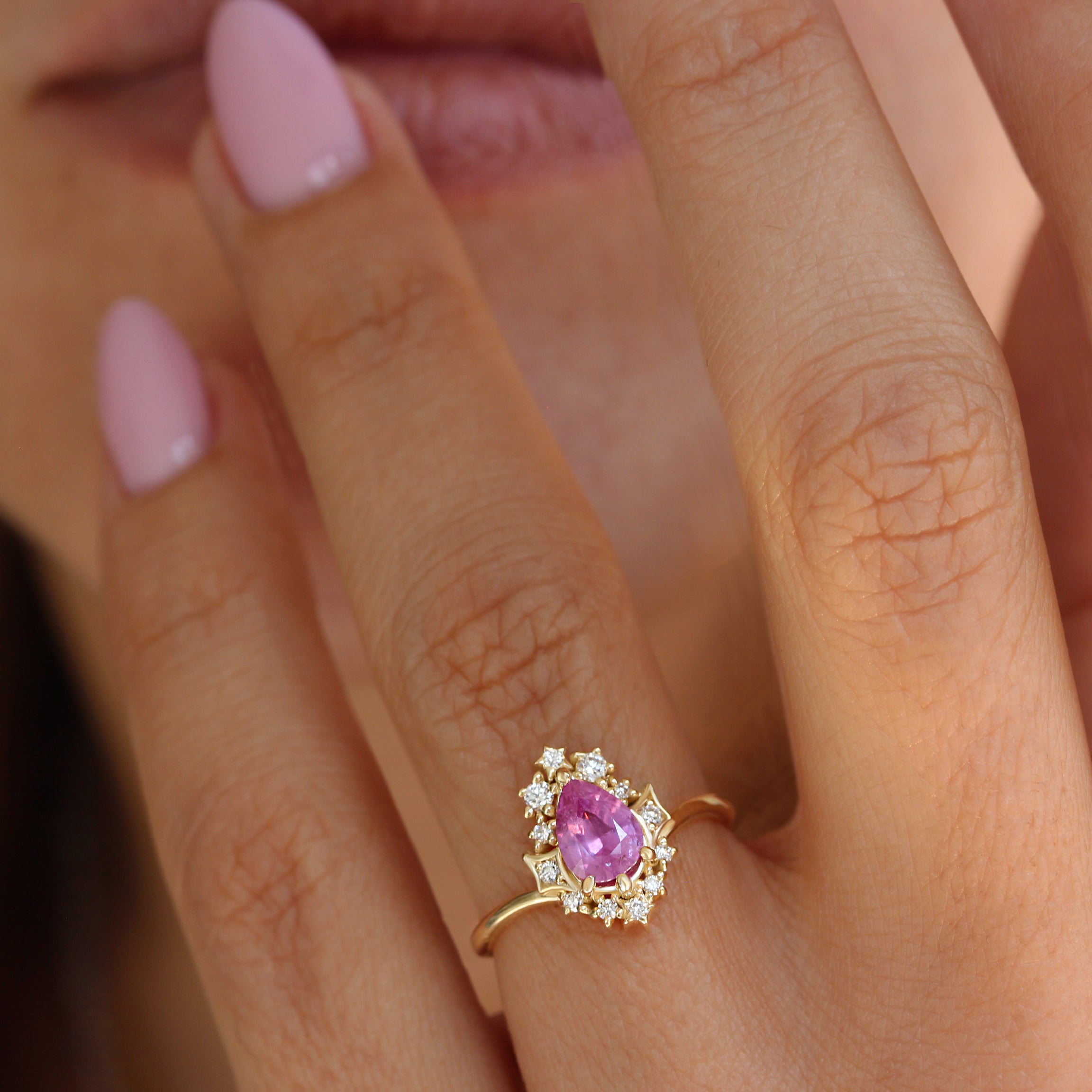 Pear Pink Sapphire Celestial Diamond Halo Ring