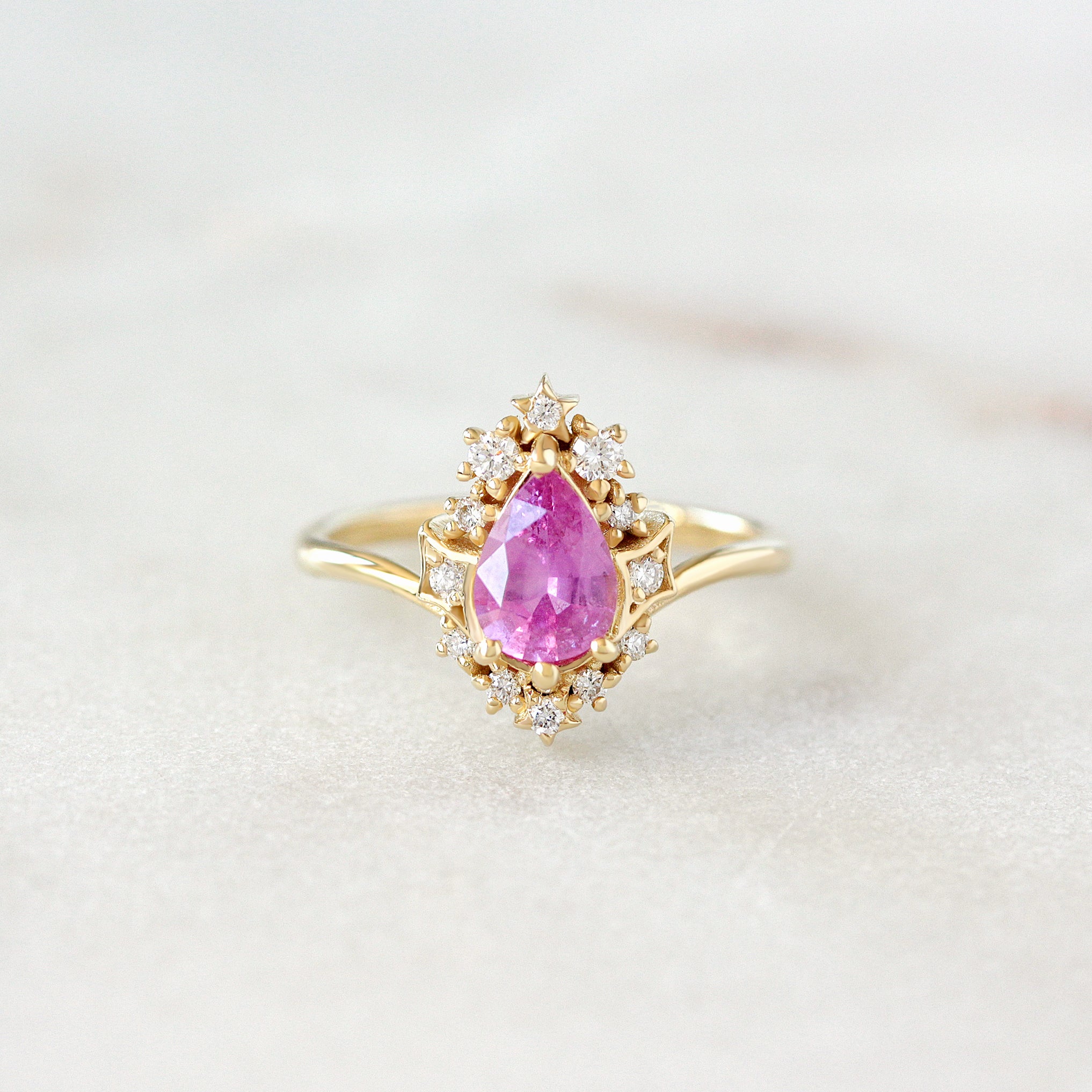 Pear Pink Sapphire Celestial Diamond Halo Ring