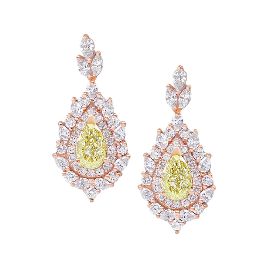 Pear Shape Canary Yellow Diamond, Double Halo Earrings High Jewelry - Victoria, statement diamond earrings, dangle, drop, long earrings, high jewelry, luxury necklace, yellow pear diamond, canary diamond, anniversary gift