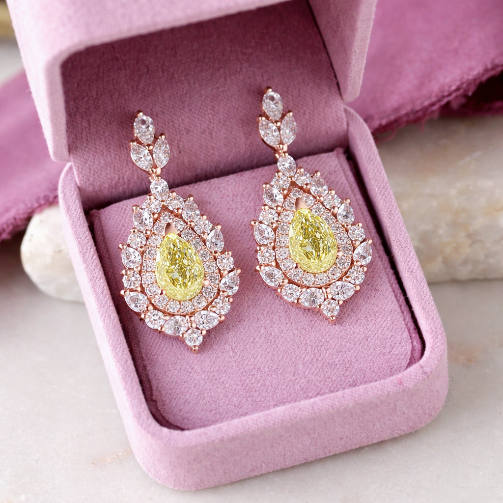 Pear Shape Canary Yellow Diamond, Double Halo Earrings High Jewelry - Victoria, statement diamond earrings, dangle, drop, long earrings, high jewelry, luxury necklace, yellow pear diamond, canary diamond, anniversary gift