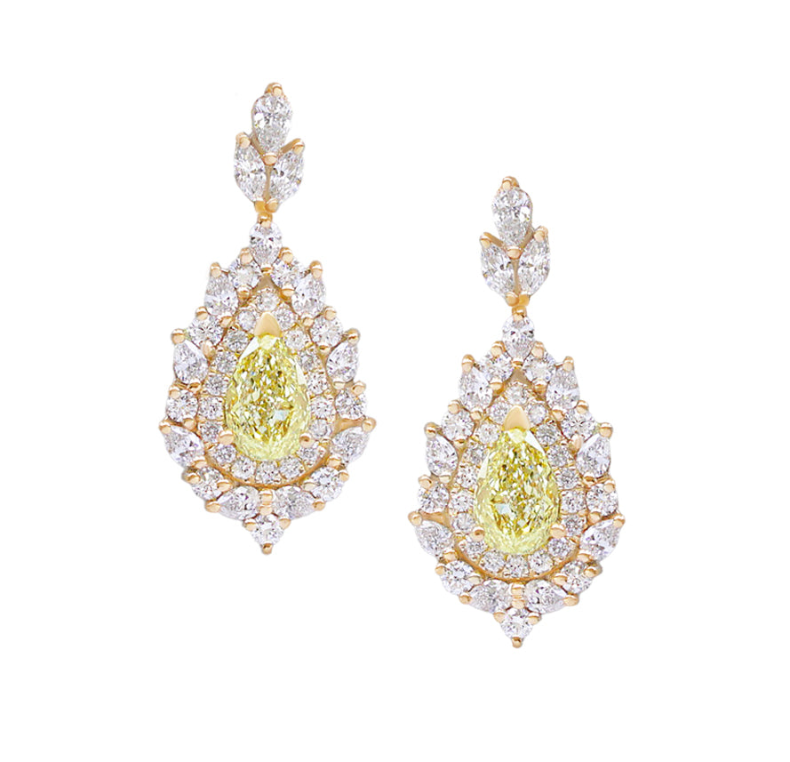Pear Shape Canary Yellow Diamond, Double Halo Earrings High Jewelry - Victoria, statement diamond earrings, dangle, drop, long earrings, high jewelry, luxury necklace, yellow pear diamond, canary diamond, anniversary gift