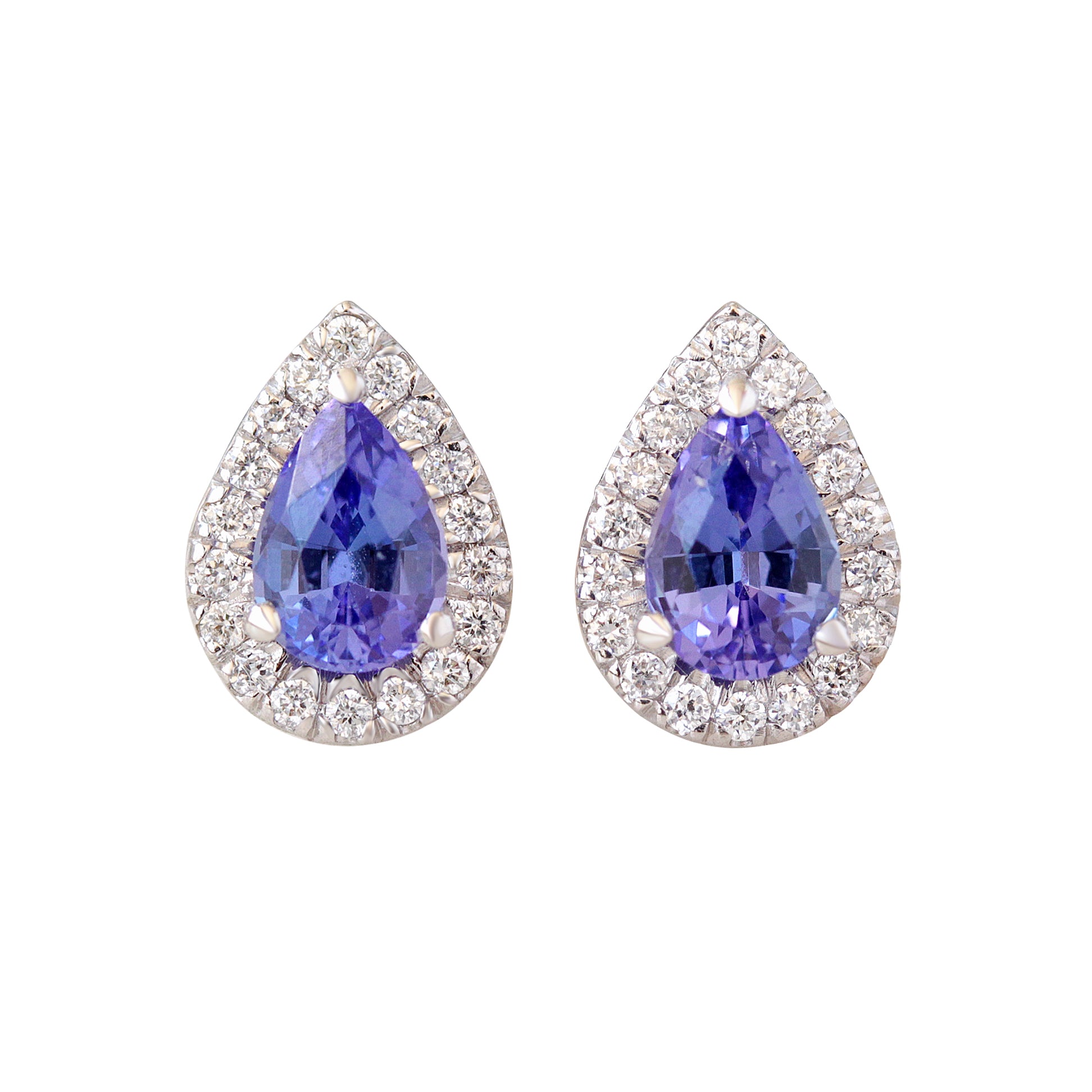 Pear Tanzanite Diamond Halo Stud Earrings, pear shape tanzanite, diamond halo, stud earrings, gemstone stud earrings, alpha backs