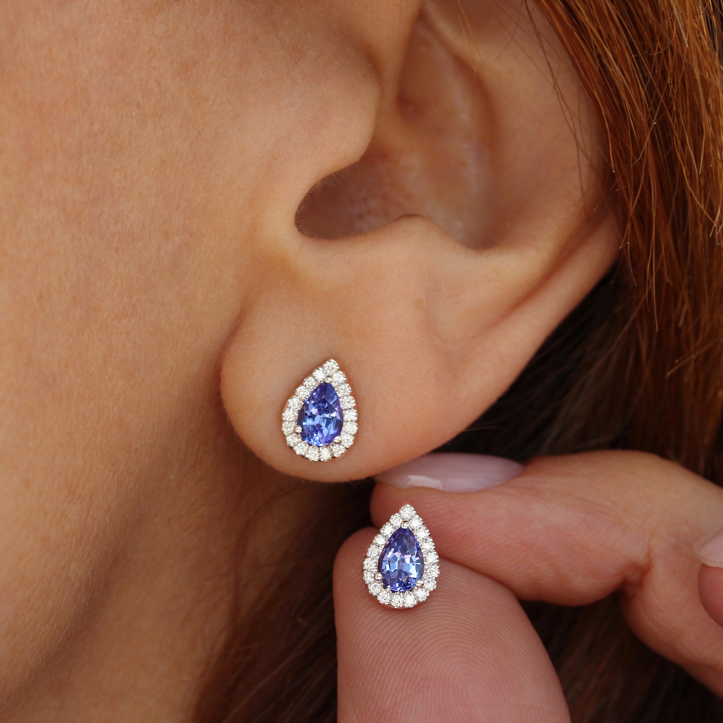 Pear Tanzanite Diamond Halo Stud Earrings, pear shape tanzanite, diamond halo, stud earrings, gemstone stud earrings, alpha backs