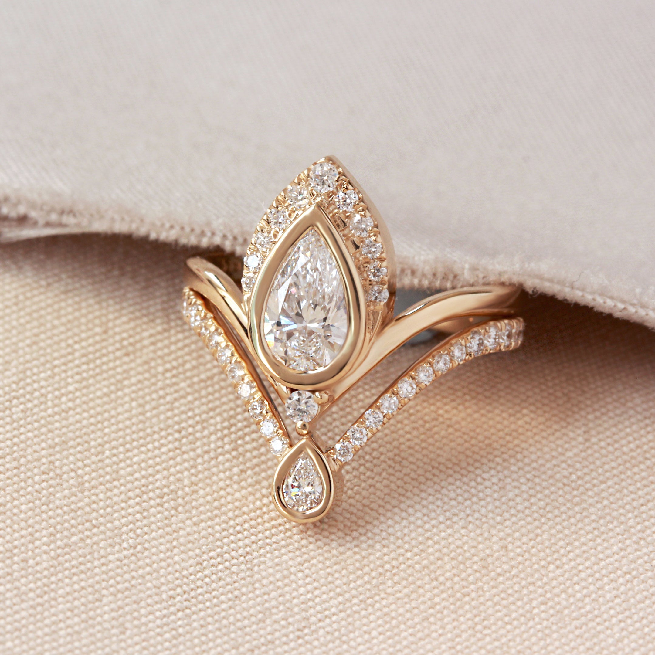 Pear Diamond Bezel Unique Engagement Ring Set- Atyasha and Lina