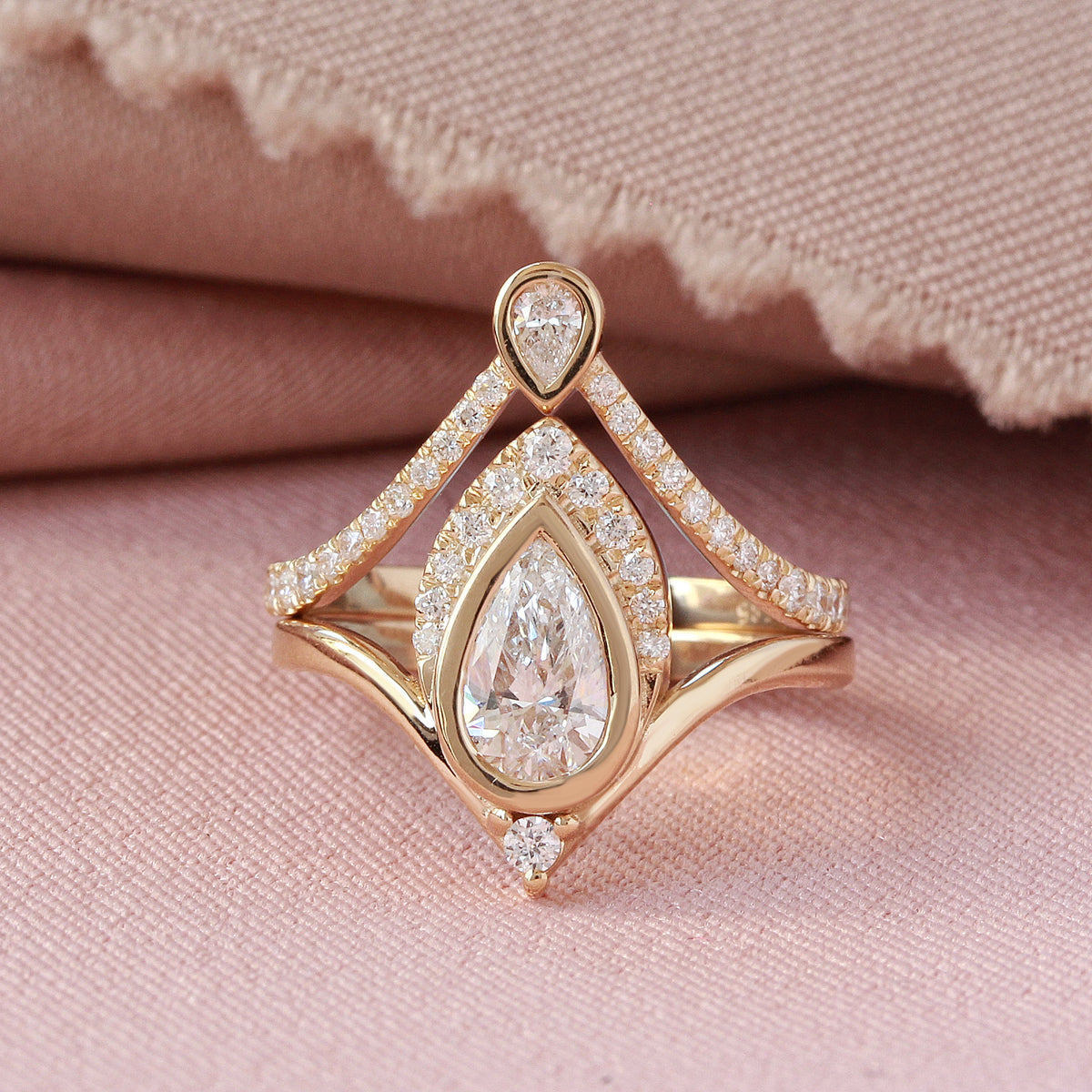 Pear Diamond Bezel Unique Engagement Ring Set- Atyasha and Lina