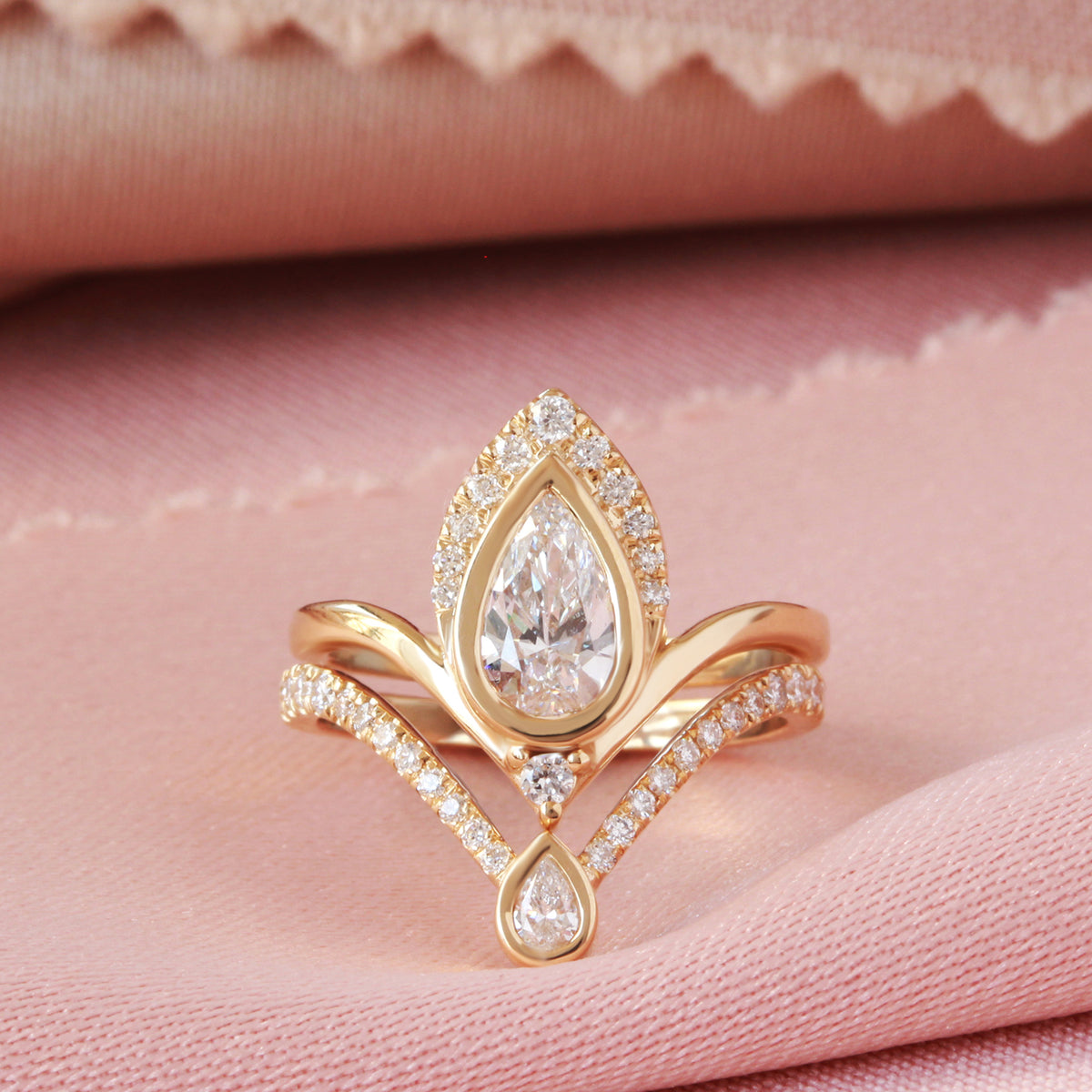 Pear Diamond Bezel Unique Engagement Ring Set- Atyasha and Lina