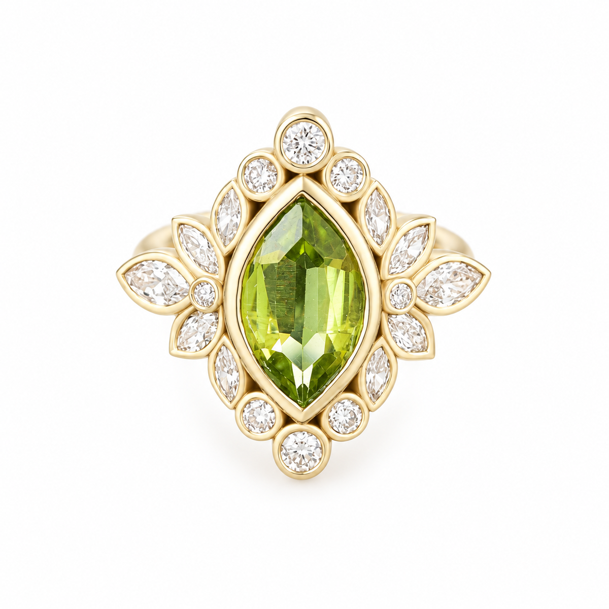 Peridot Marquise and Diamond Halo Bezel Settings Gemstone Engagement Ring - Alicent