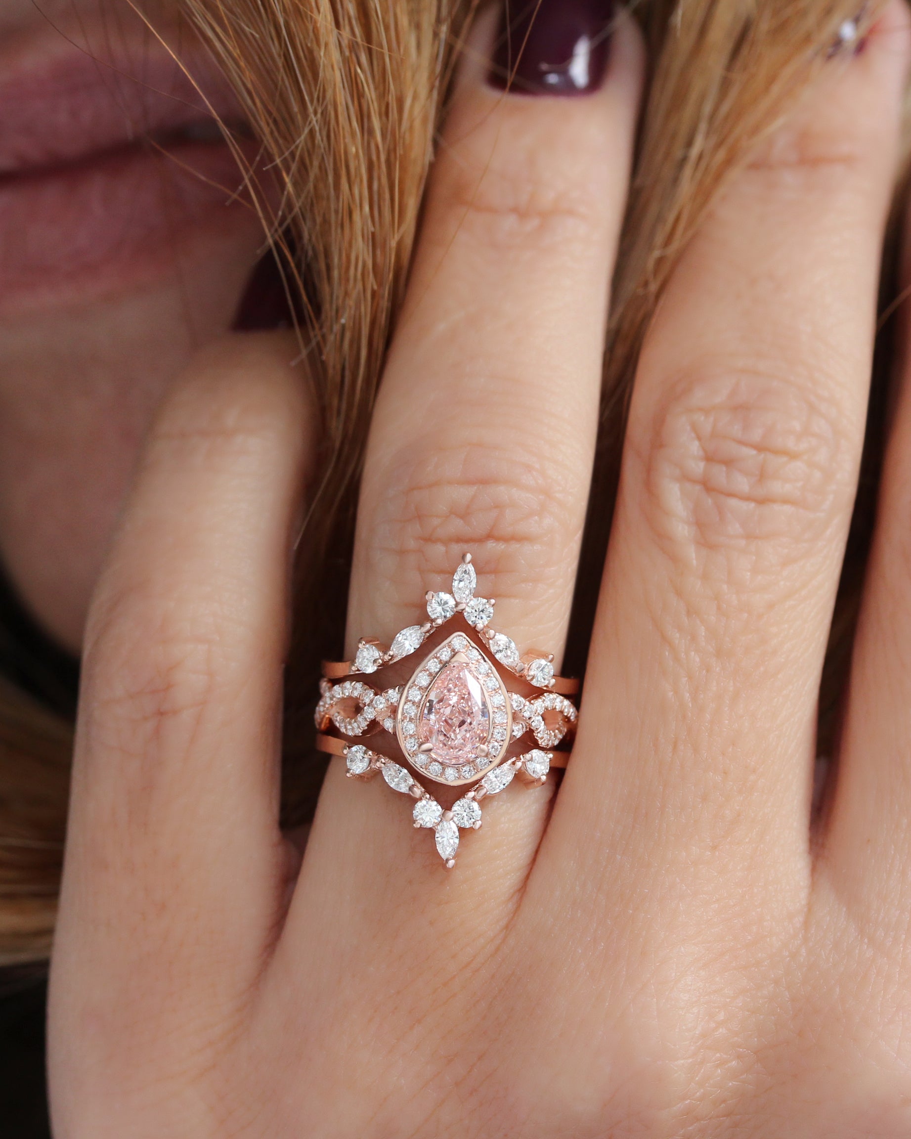 Pink Pear Lab Diamond Halo Twist Shank Engagement Ring & "Hermès" Ring Guard ♥