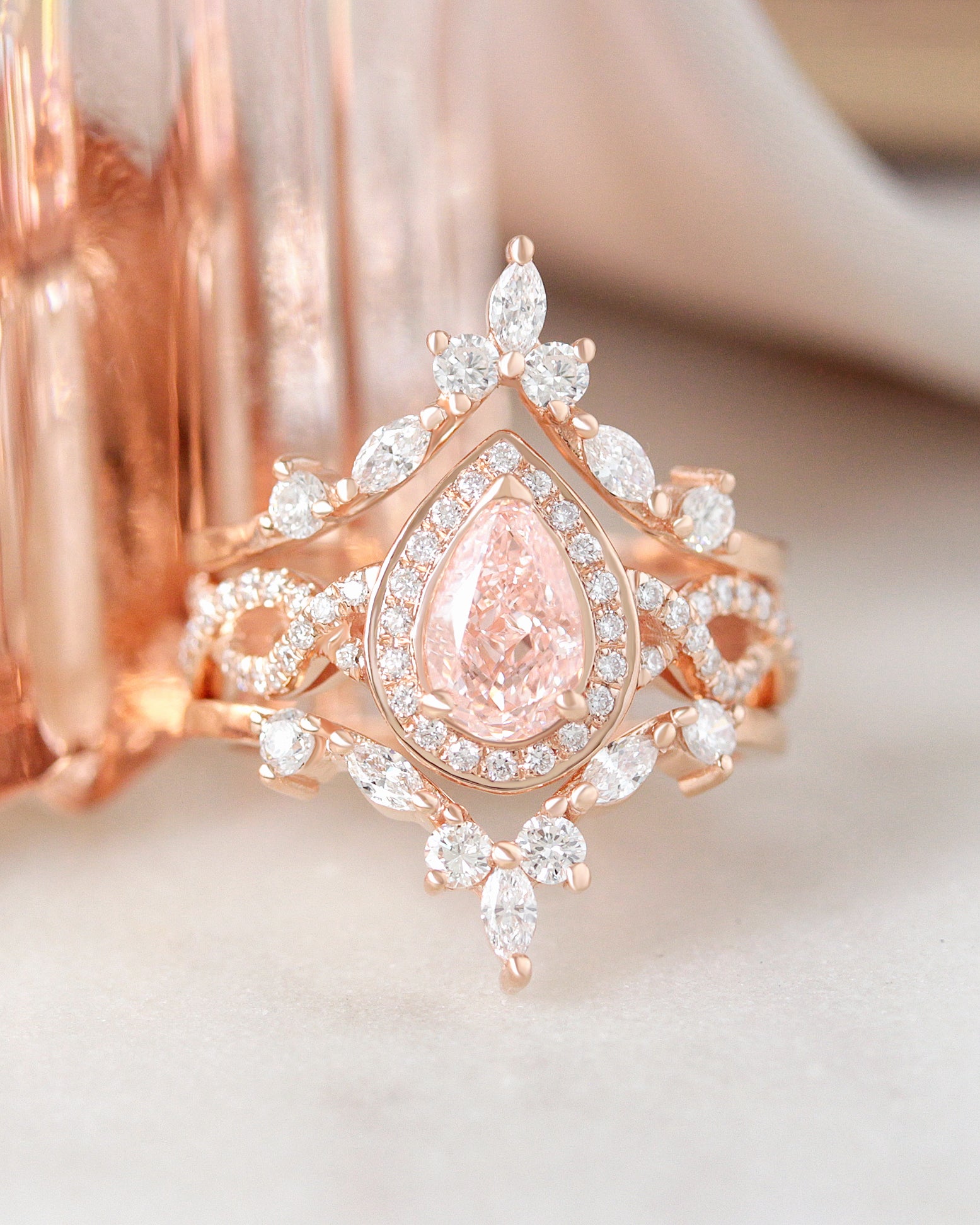 Pink Pear Lab Diamond Halo Twist Shank Engagement Ring & "Hermès" Ring Guard ♥