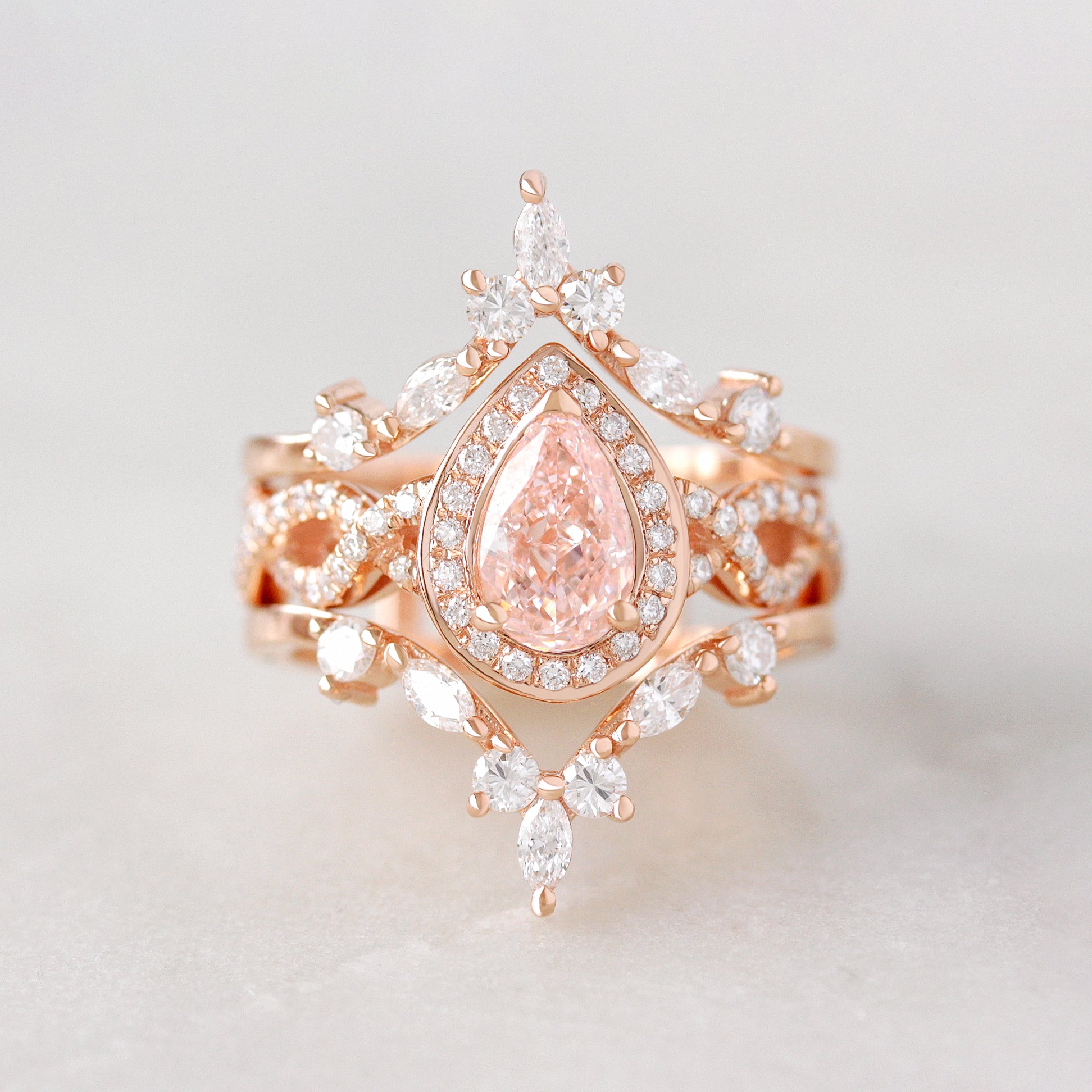 Pink Pear Lab Diamond Halo Twist Shank Engagement Ring & "Hermès" Ring Guard ♥