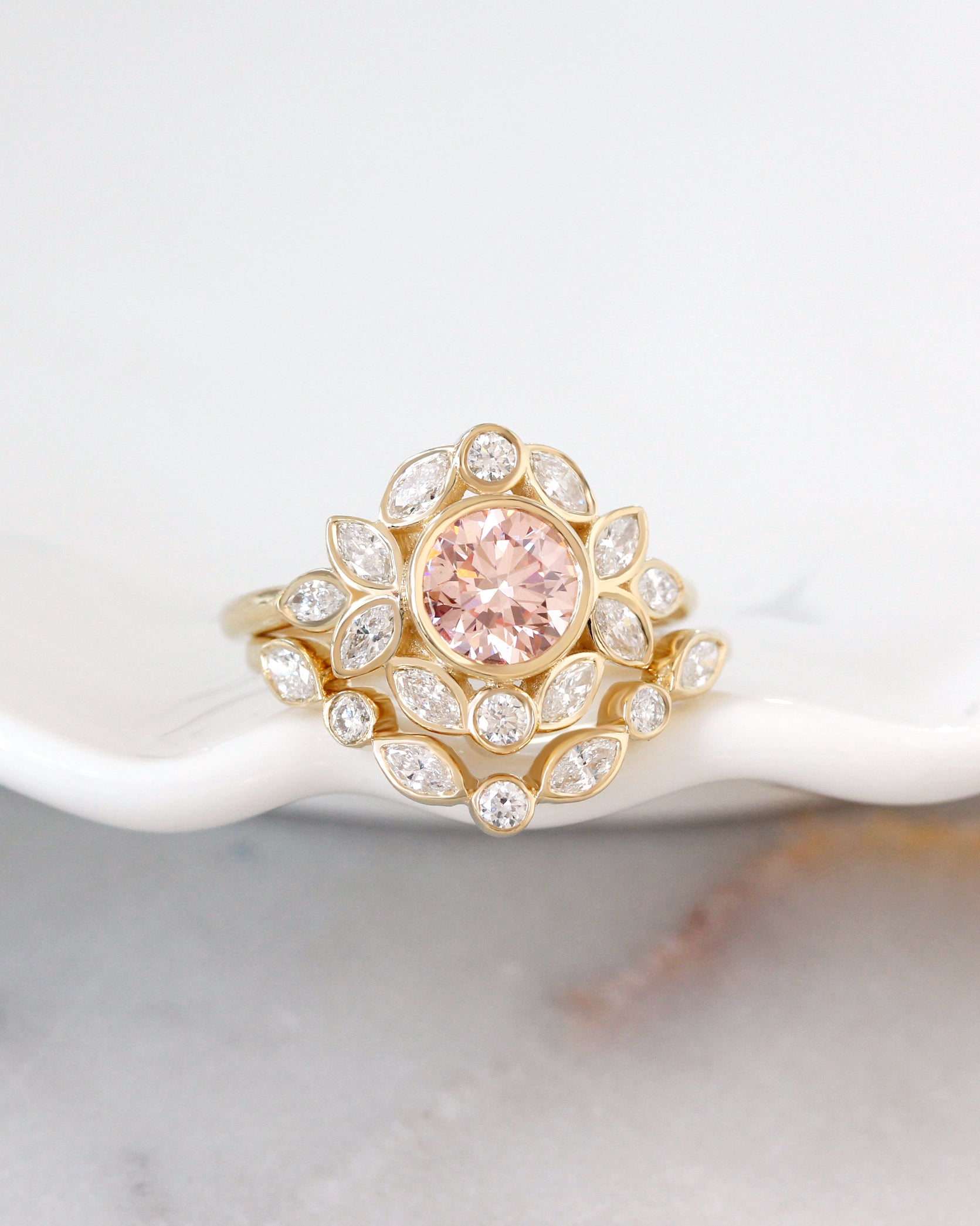 Pink Diamond Nature Inspired Engagement Ring with a Matching Nesting Ring Lily Emma - Two Ring Set