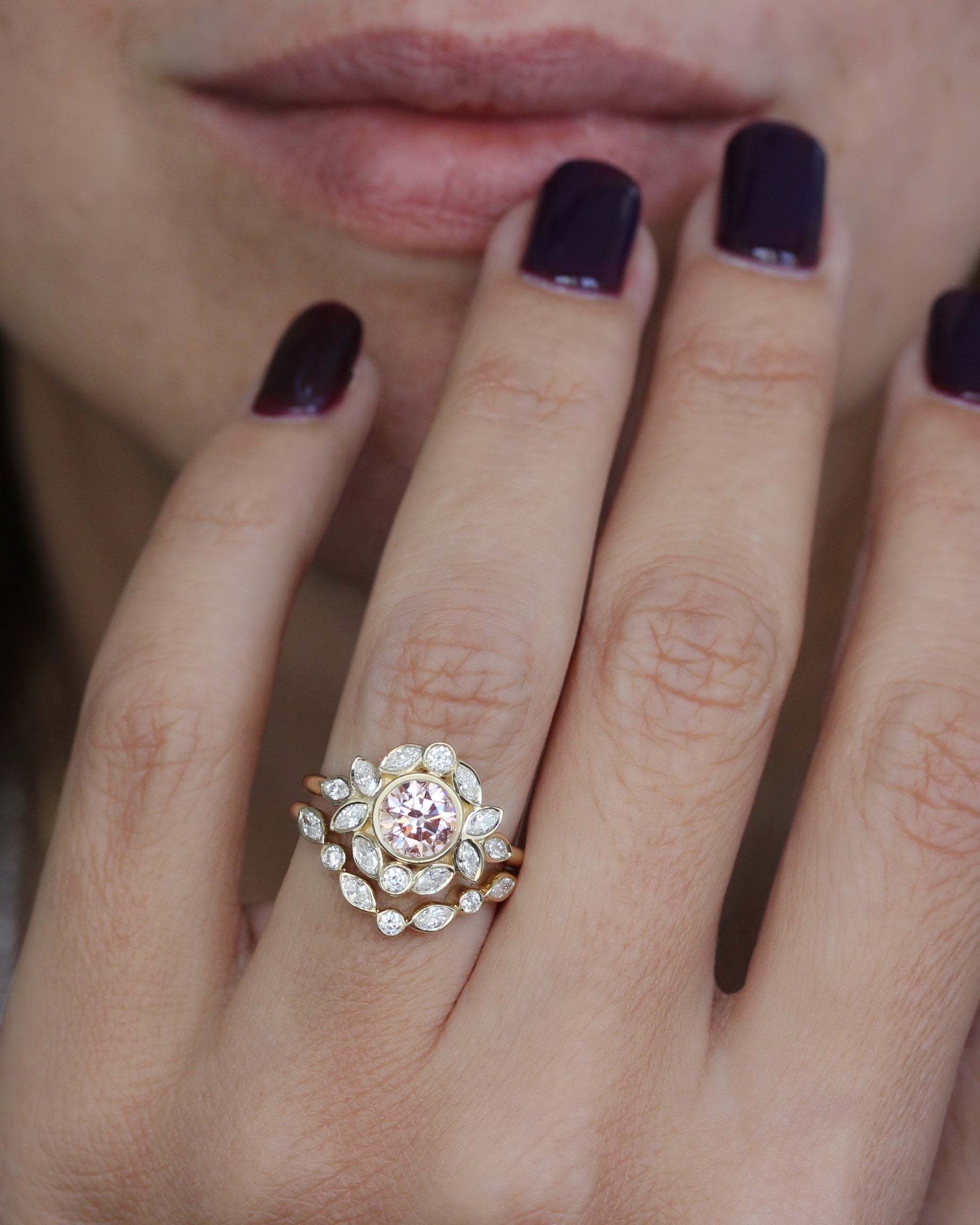 Pink Diamond Nature Inspired Engagement Ring with a Matching Nesting Ring Lily Emma - Two Ring Set