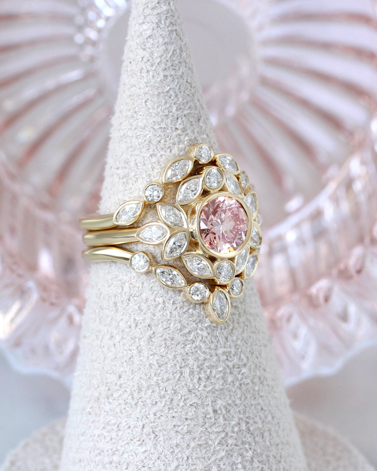 Pink Diamond Nature Inspired Engagement Ring with a Matching Nesting Ring Lily Emma - Two Ring Set