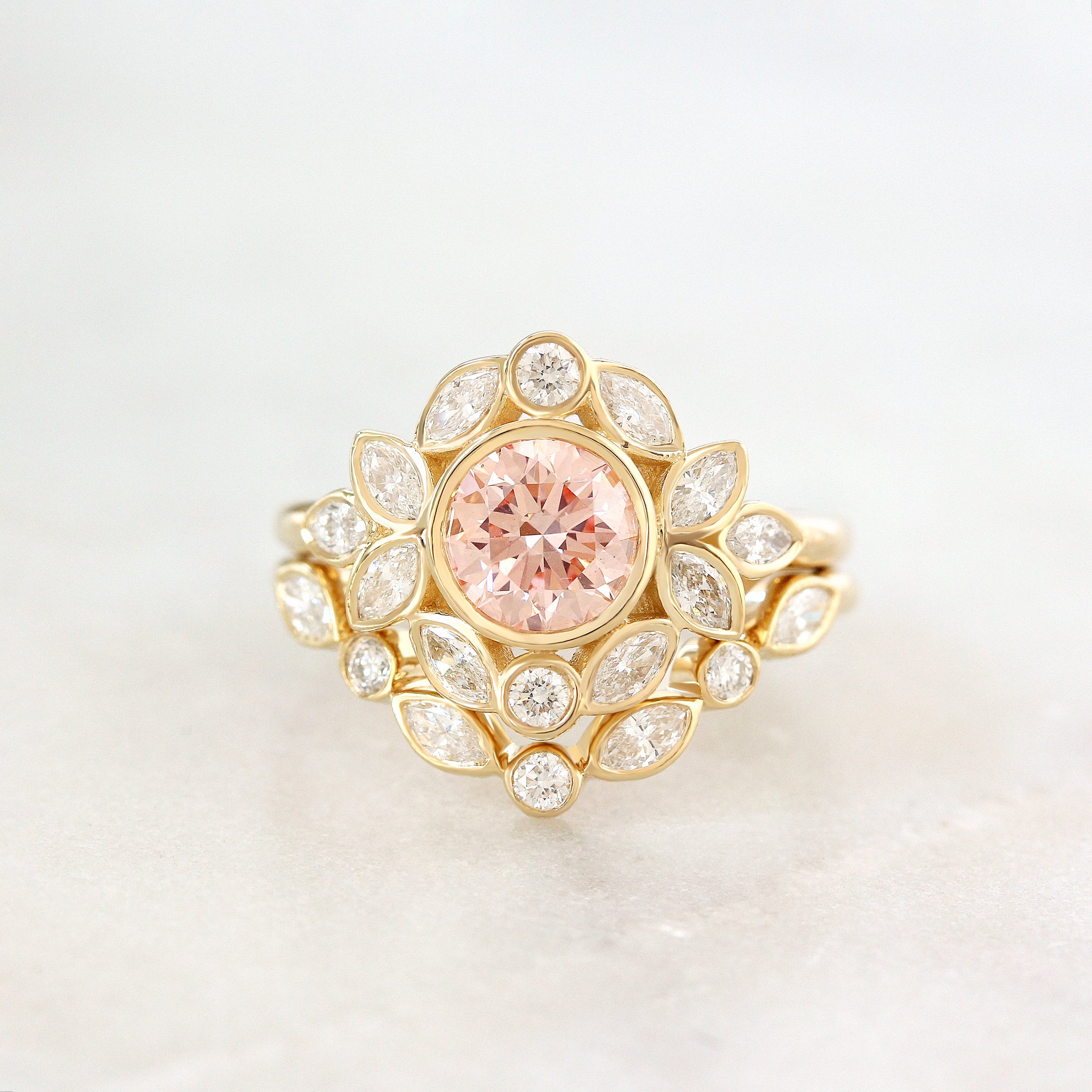 Pink Diamond Nature Inspired Engagement Ring with a Matching Nesting Ring Lily Emma - Two Ring Set