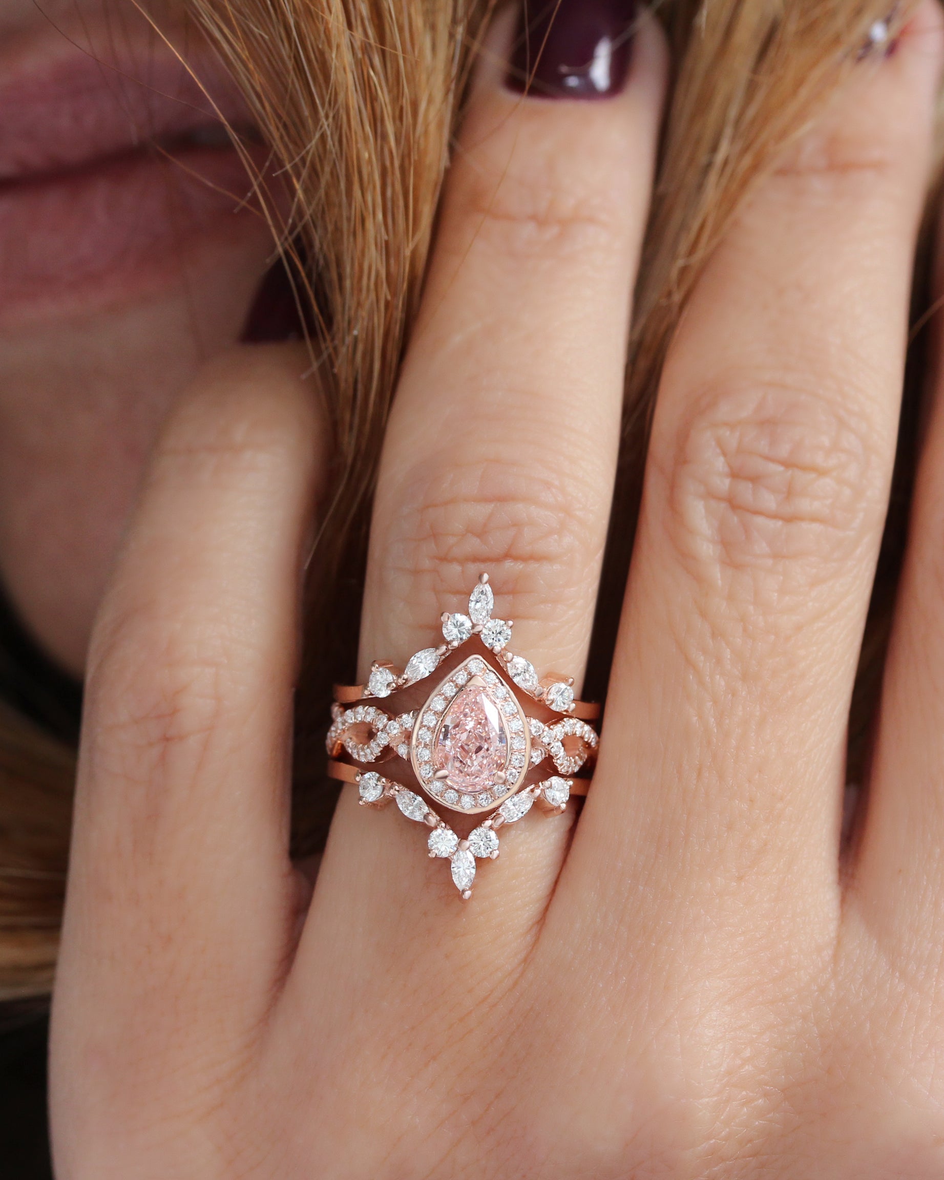 Pink Pear Lab Diamond Halo Twist Shank Engagement Ring & "Hermès" Ring Guard