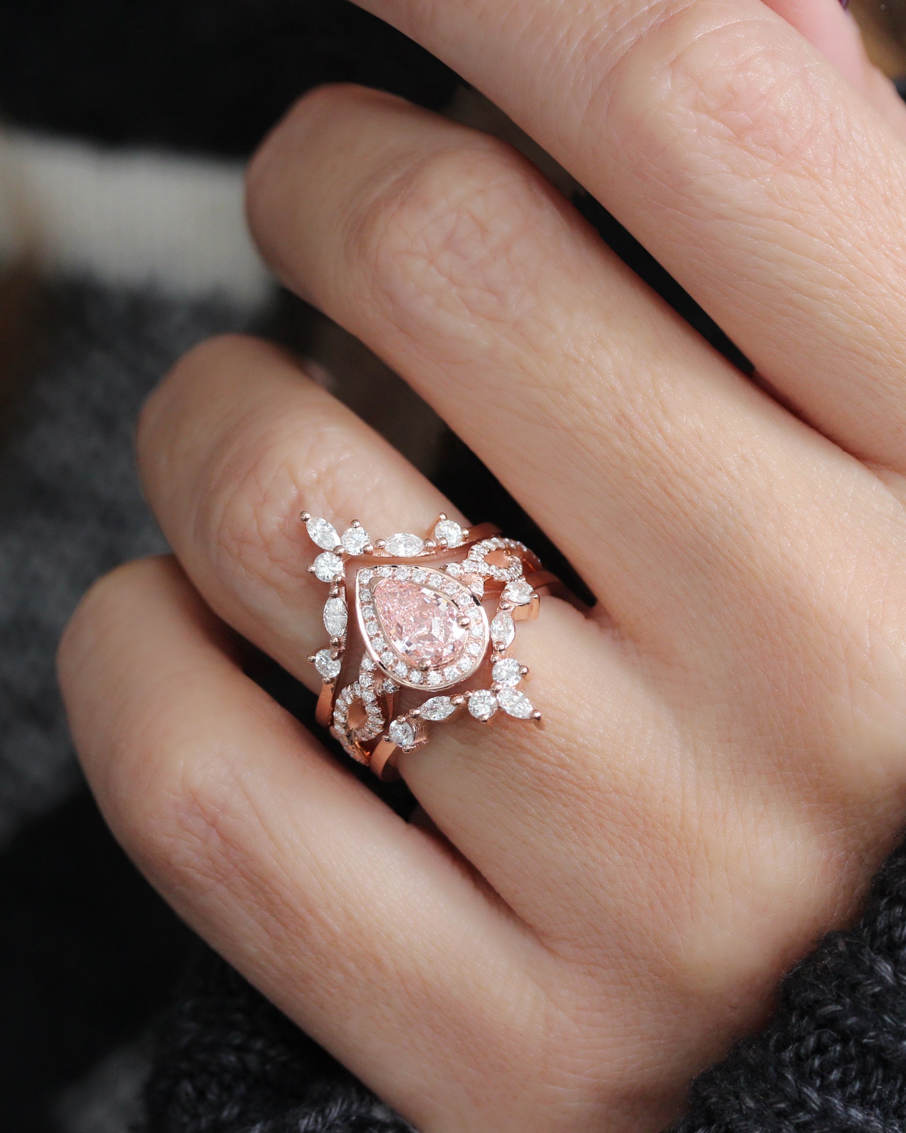 Pink Pear Lab Diamond Halo Twist Shank Engagement Ring & "Hermès" Ring Guard