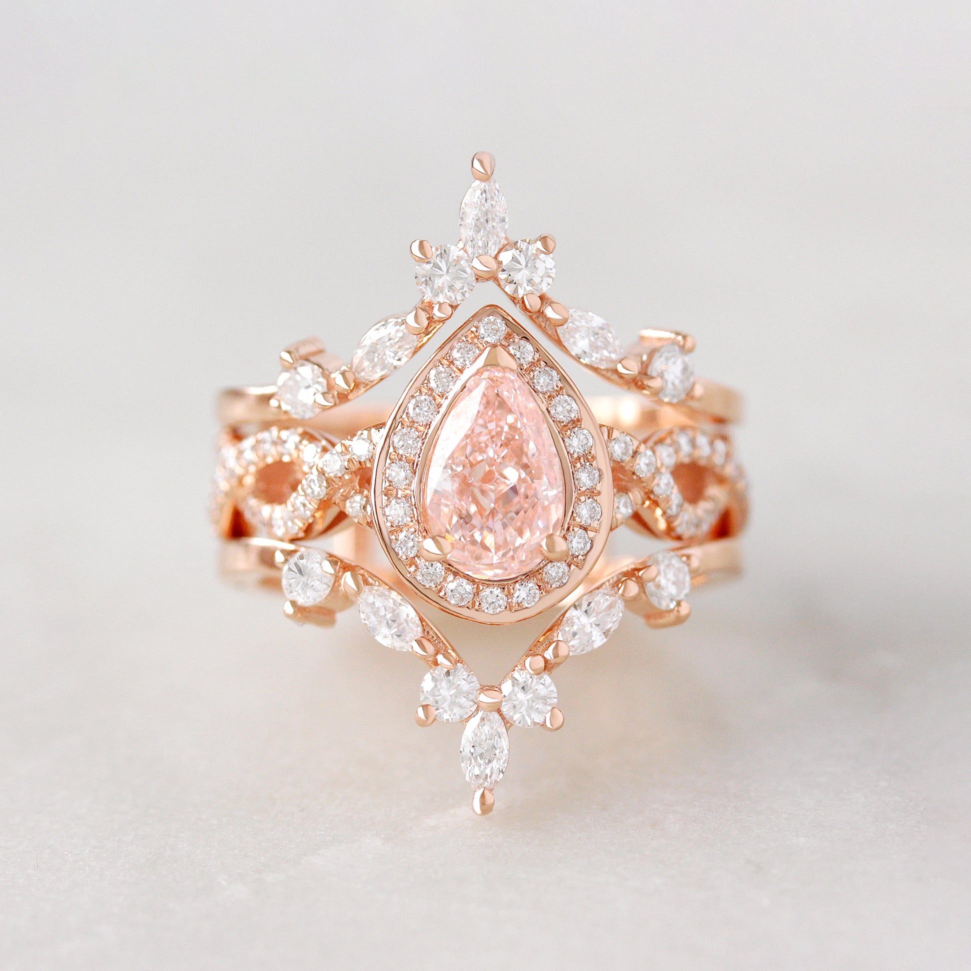 Pink Pear Lab Diamond Halo Twist Shank Engagement Ring & "Hermès" Ring Guard