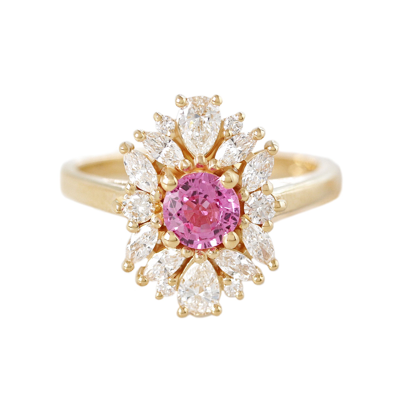 Pink sapphire unique diamond cluster halo engagement ring, Odisea