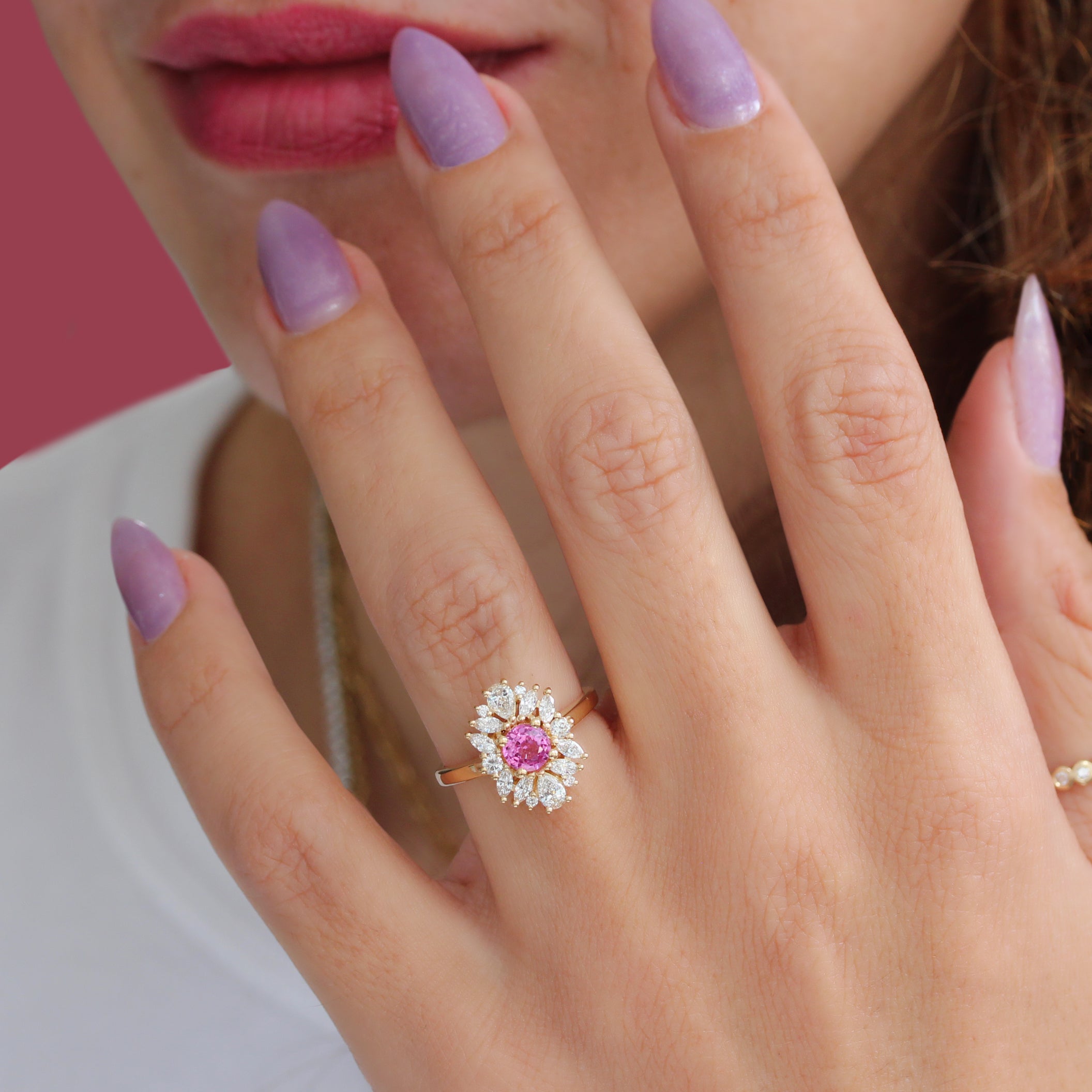 Pink sapphire unique diamond cluster halo engagement ring, Odisea
