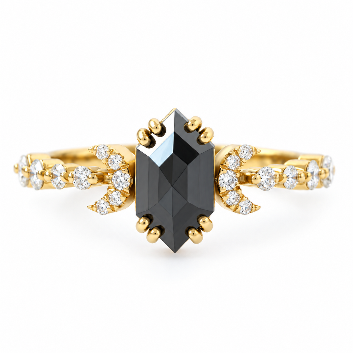 Salt and Pepper Long Elongated Hexagon Diamond Alternative Engagement Ring - Two Moons
